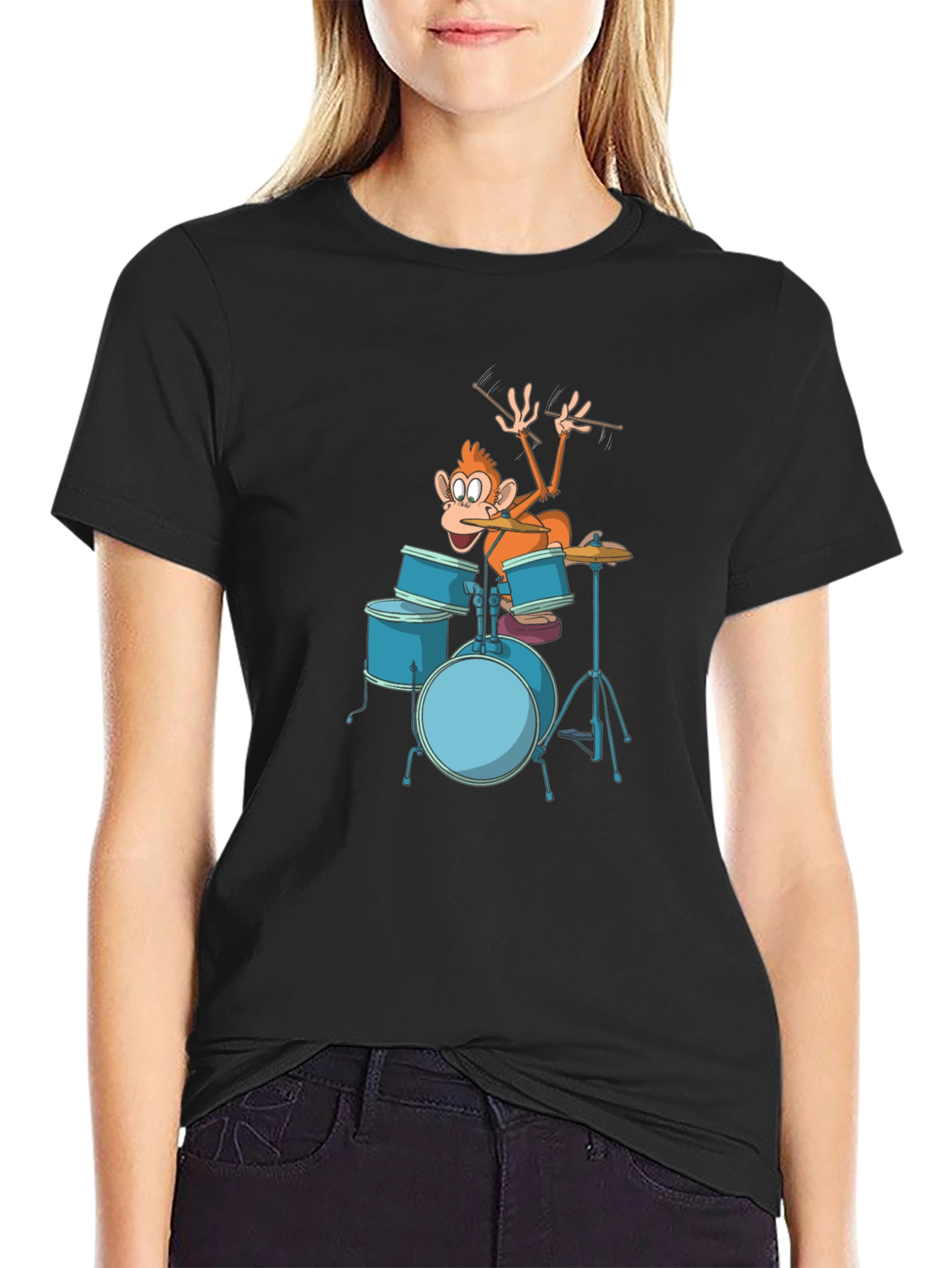 Funny Monkey Drummer Graphic Tee - Black Cotton T-Shirt