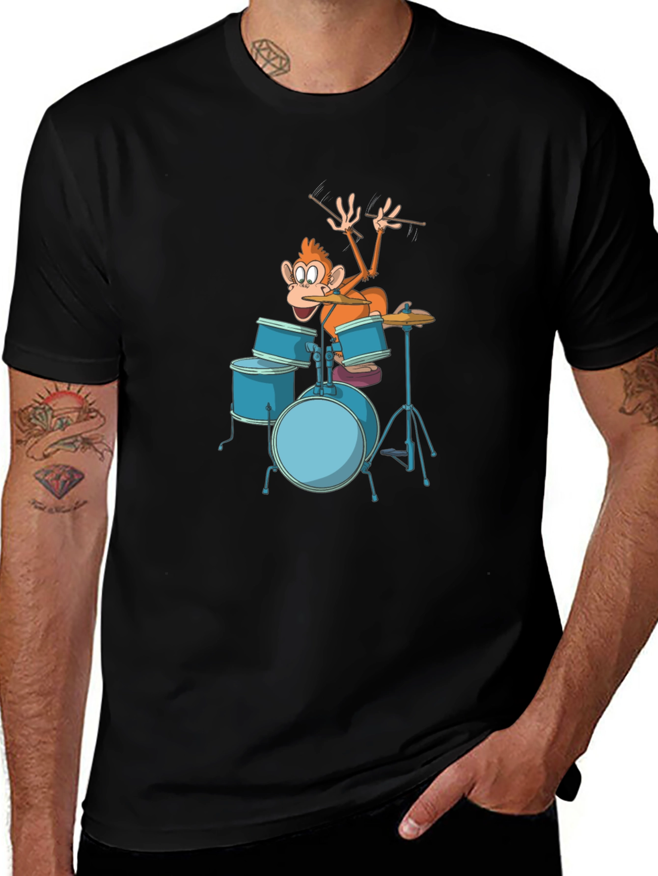 Funny Monkey Drummer Graphic Tee - Black Cotton T-Shirt