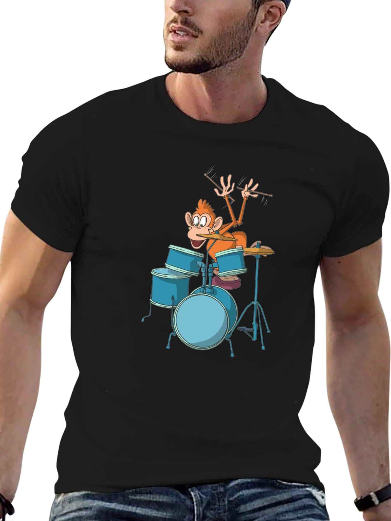 Funny Monkey Drummer Graphic Tee - Black Cotton T-Shirt