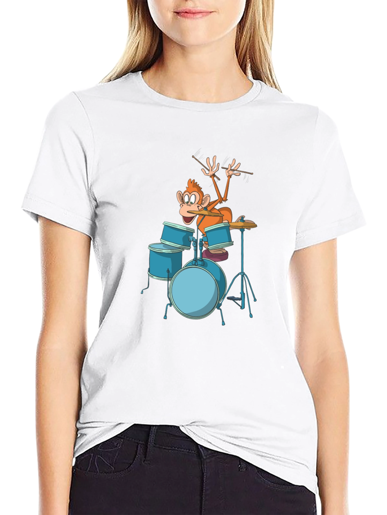 Funny Monkey Drummer Graphic Tee - Black Cotton T-Shirt