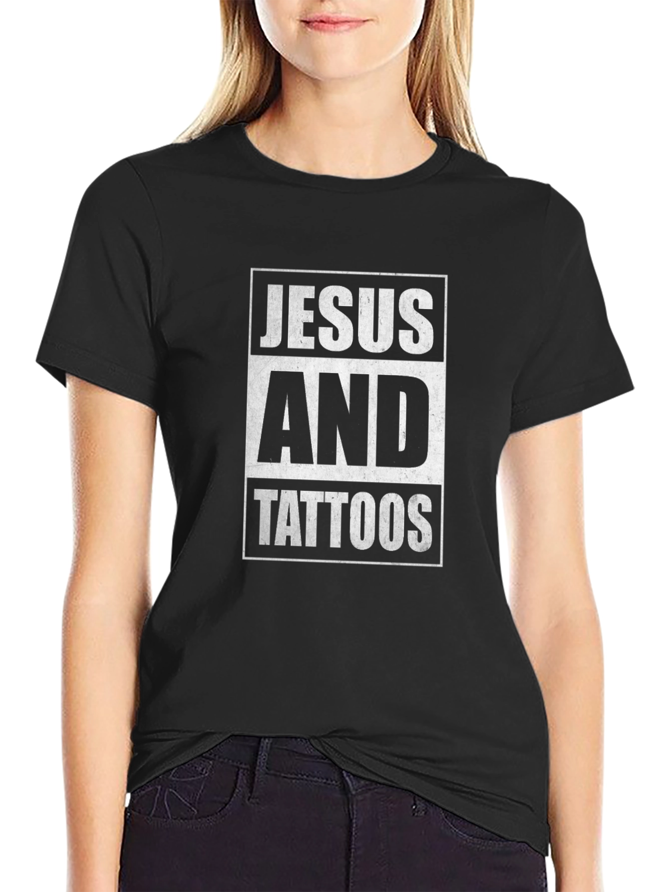 Jesus and Tattoos Graphic Tee - Black Cotton Blend