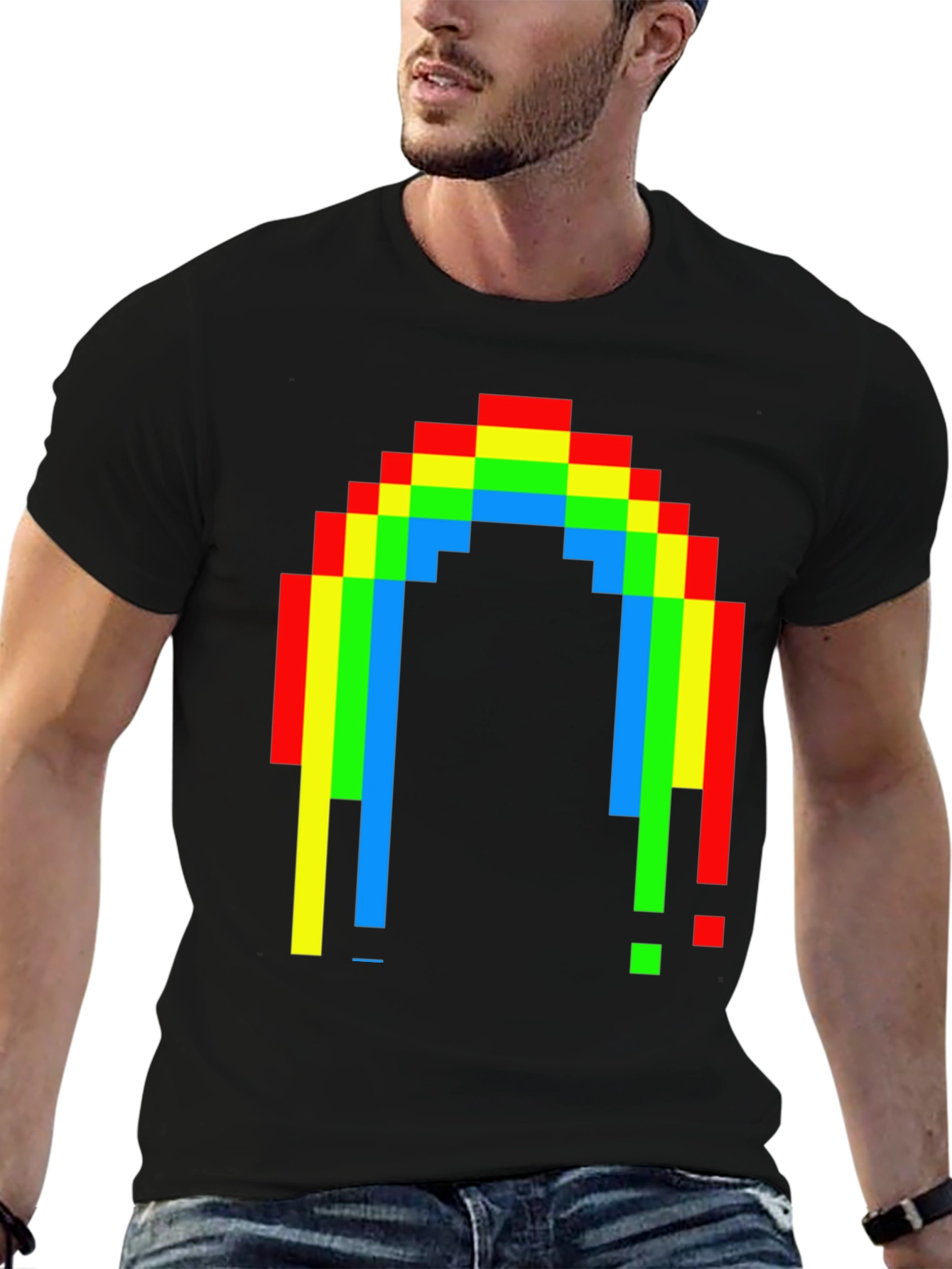 Pixel Rainbow Graphic Tee - Black Cotton Blend