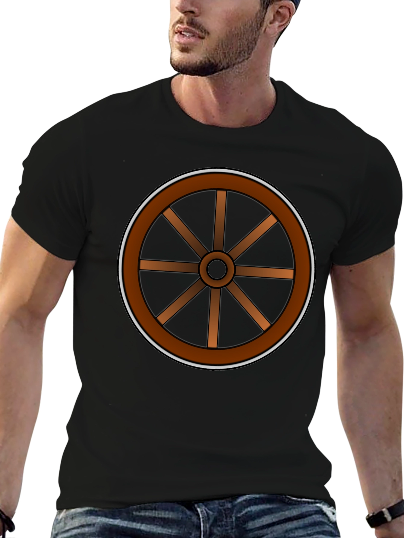 Rustic Wheel Graphic Tee - Black Cotton T-Shirt