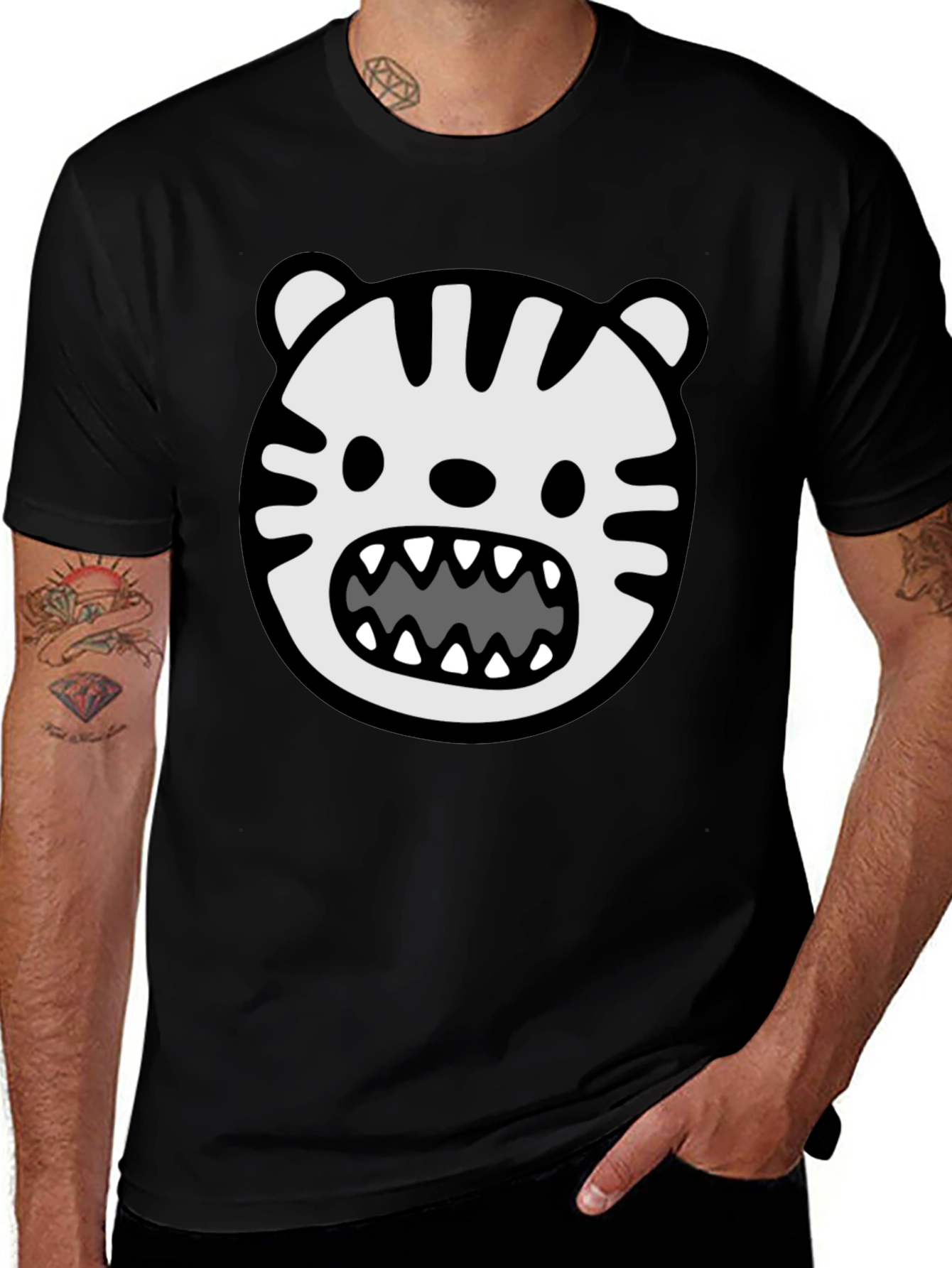 Cartoon Tiger Graphic T-Shirt - Bold Black Tee