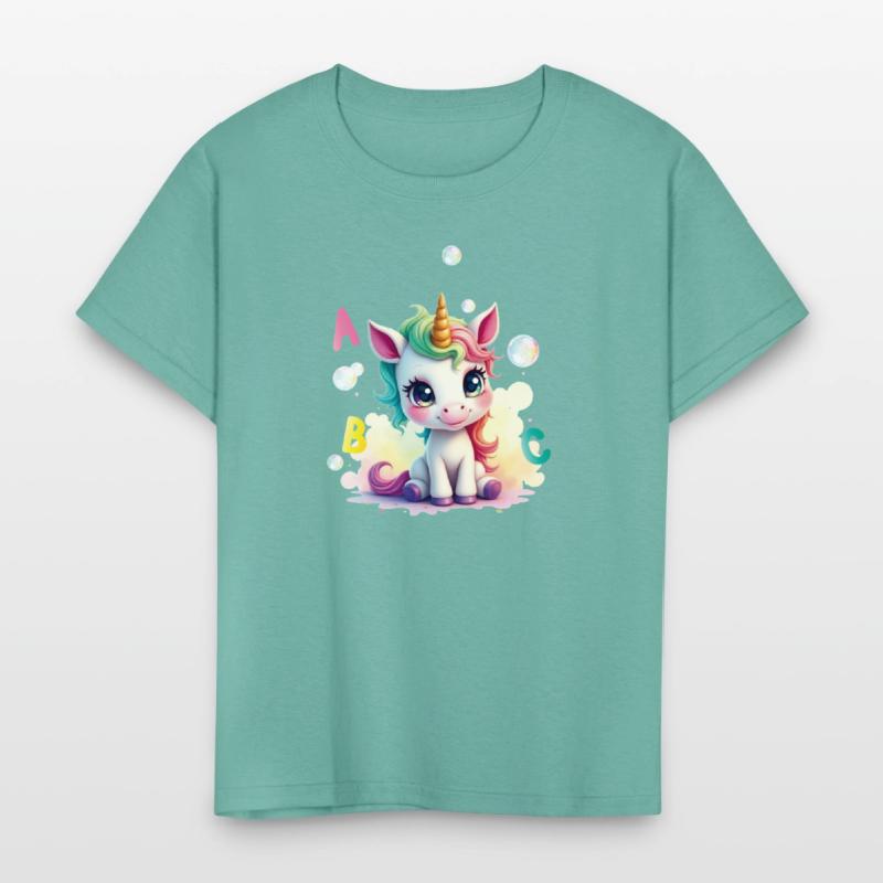 Cute unicorn with soap bubbles and ABC letters