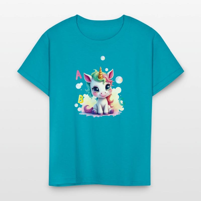 Cute unicorn with soap bubbles and ABC letters