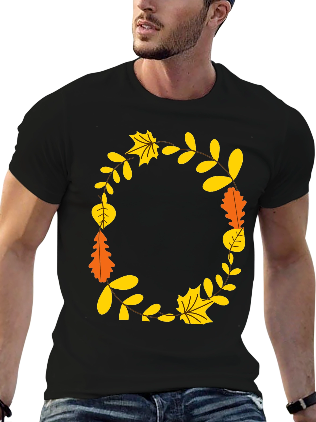 Fall Leaves Wreath Graphic Tee - Unisex Black T-Shirt