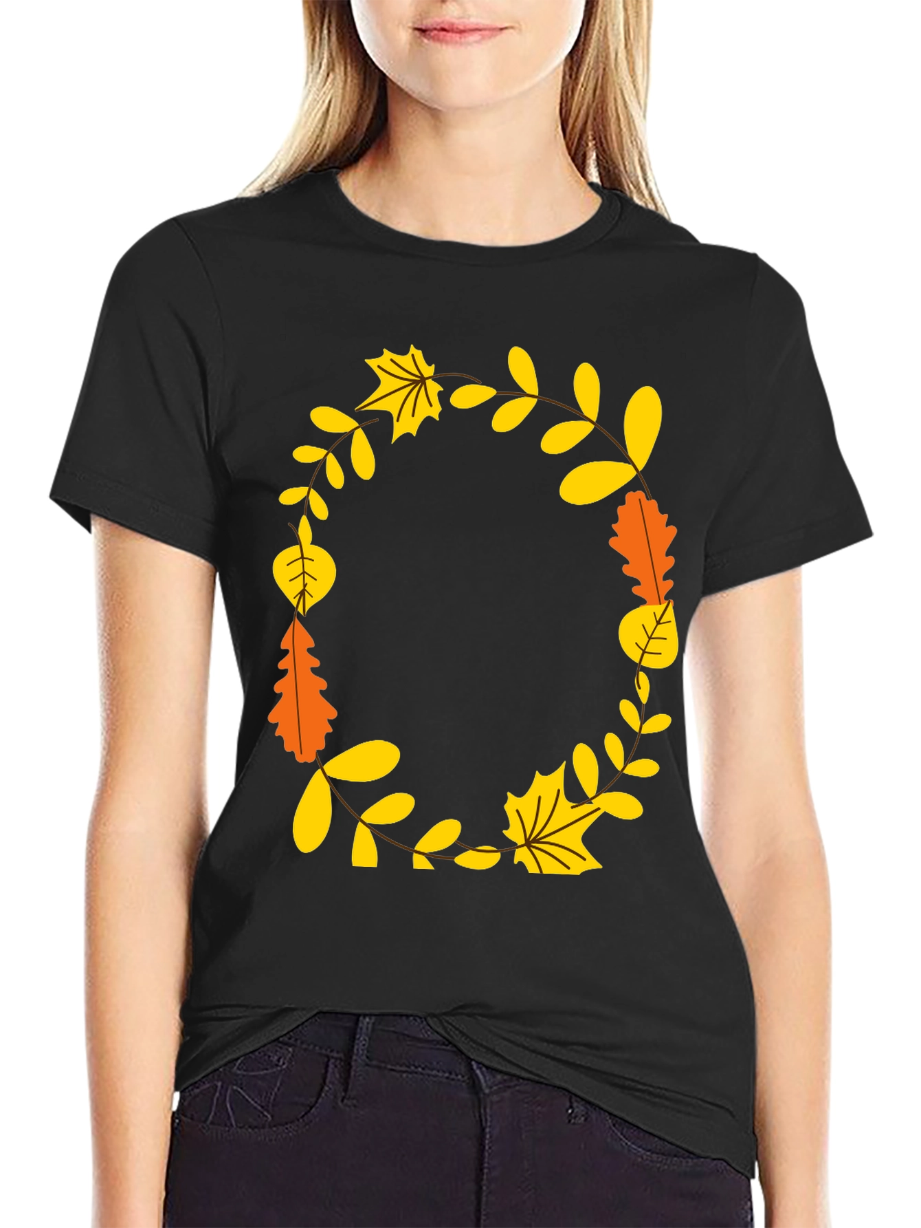 Fall Leaves Wreath Graphic Tee - Unisex Black T-Shirt