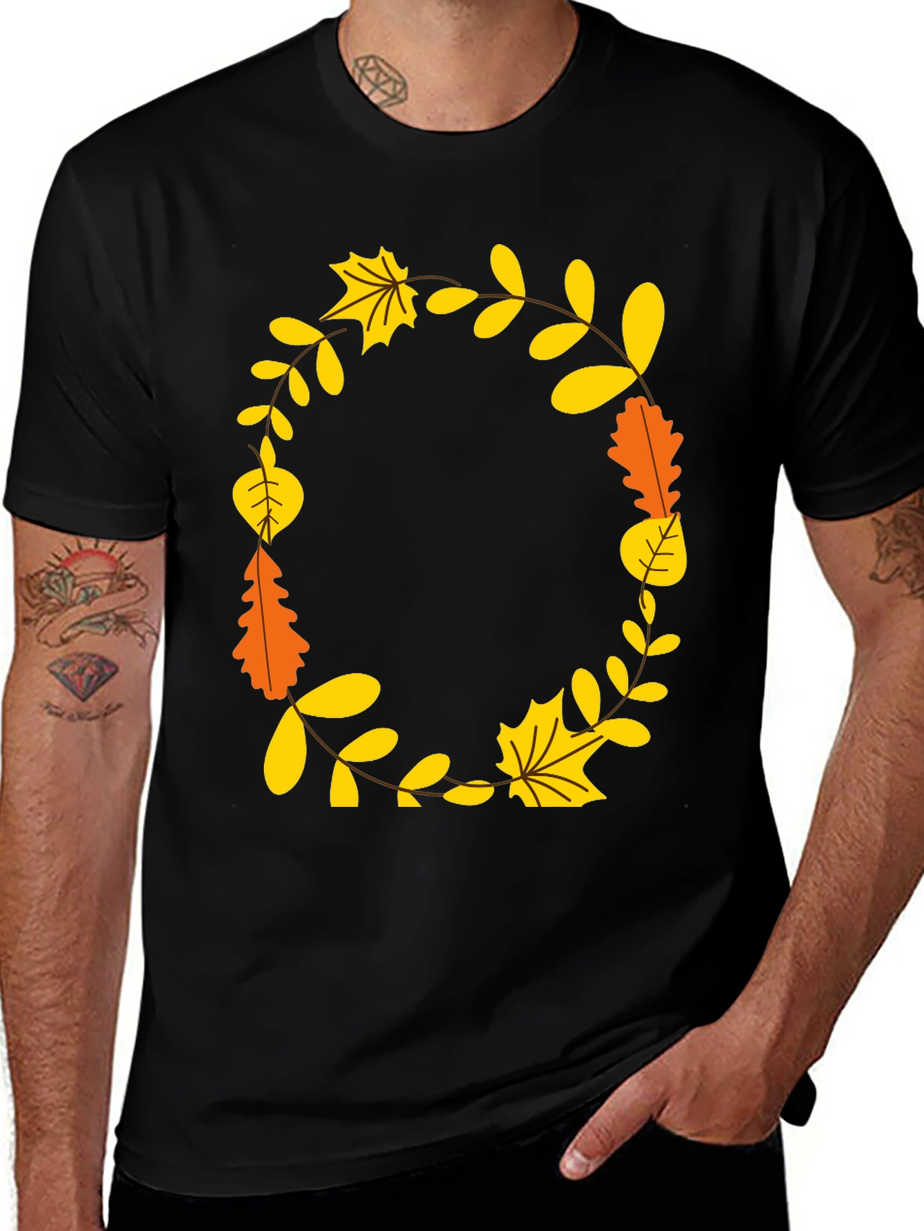 Fall Leaves Wreath Graphic Tee - Unisex Black T-Shirt