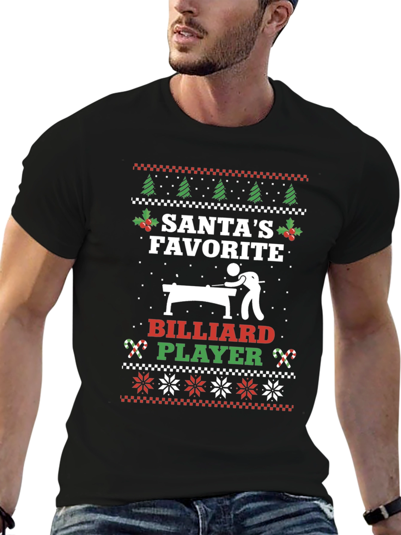 Santas Favorite Billiard Player Ugly Christmas T-Shirt