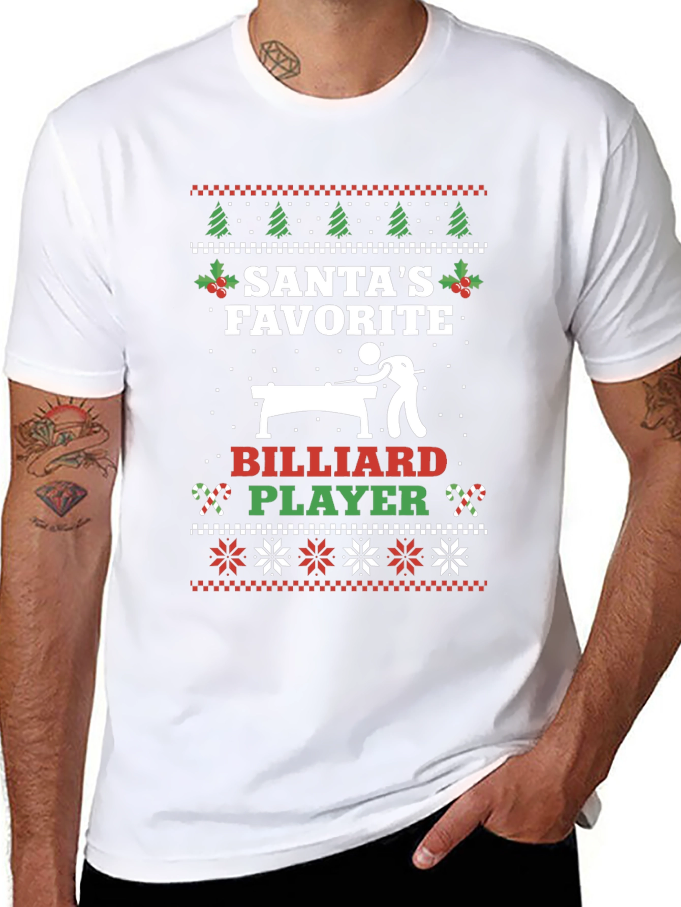 Santas Favorite Billiard Player Ugly Christmas T-Shirt