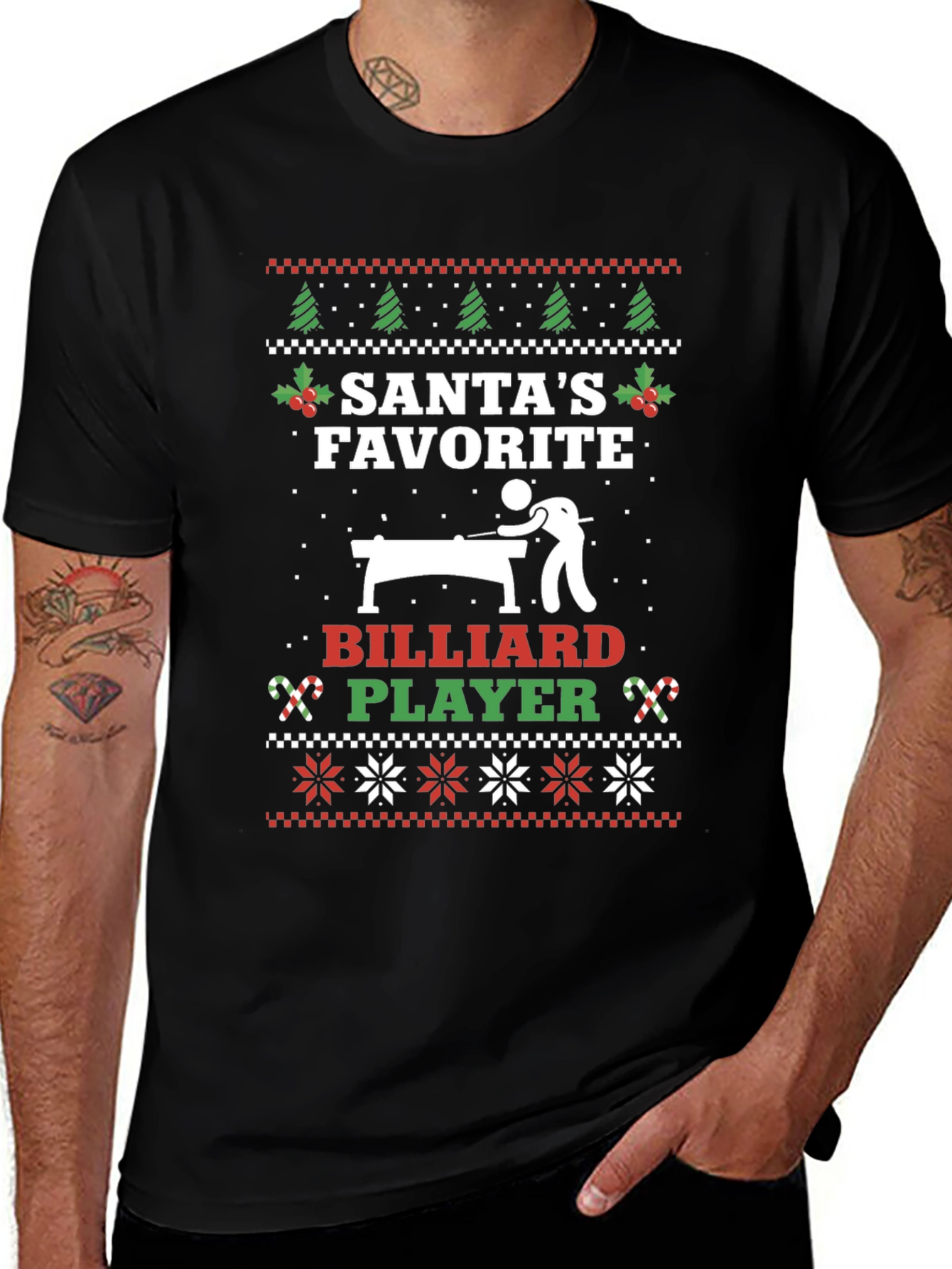 Santas Favorite Billiard Player Ugly Christmas T-Shirt