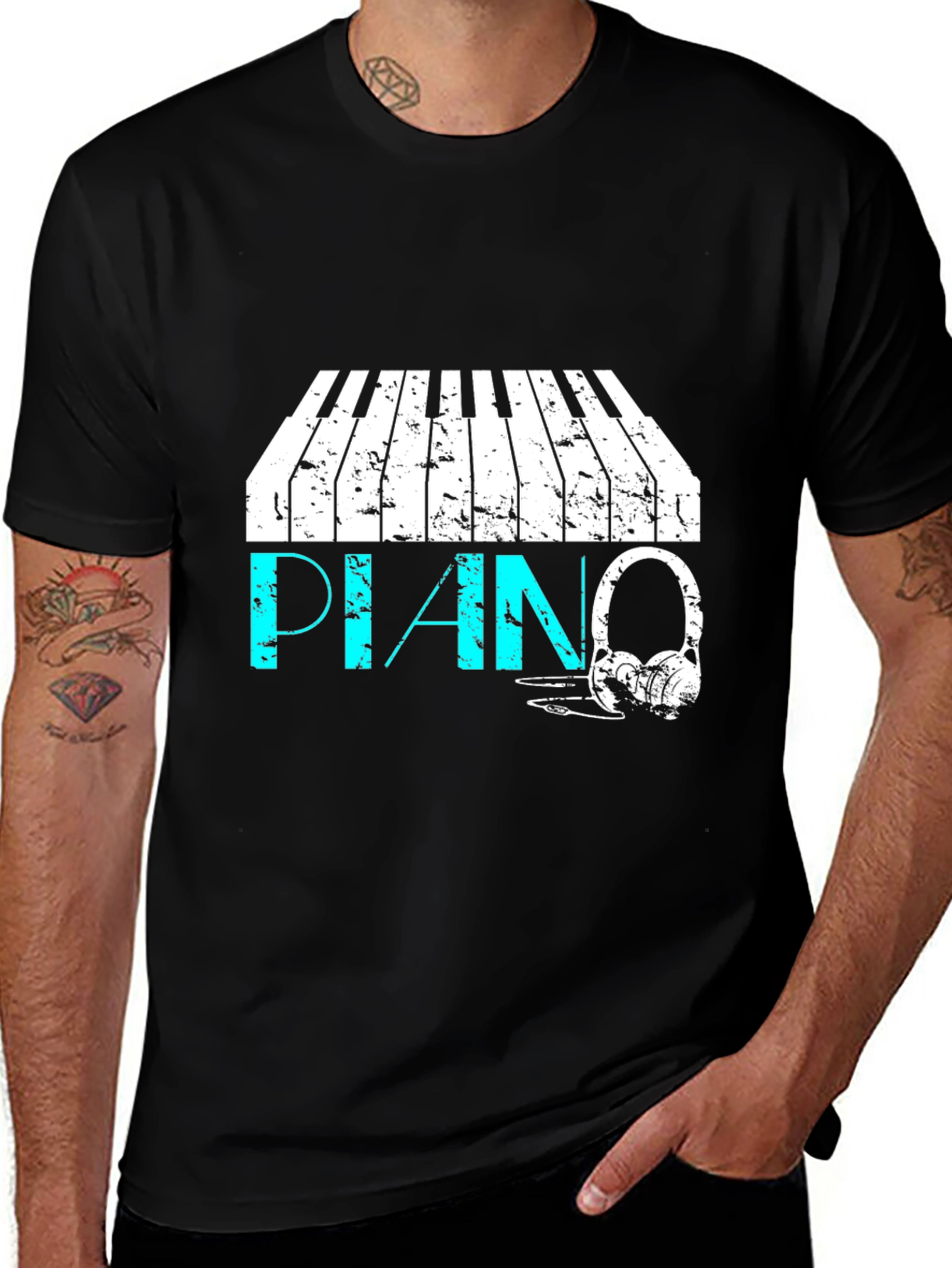 Piano & Headphone Graphic Black T-Shirt