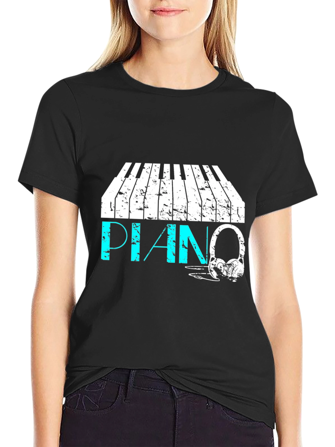 Piano & Headphone Graphic Black T-Shirt