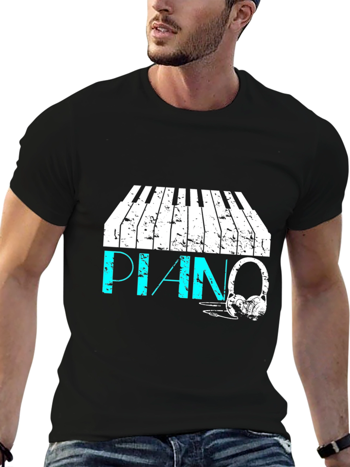 Piano & Headphone Graphic Black T-Shirt