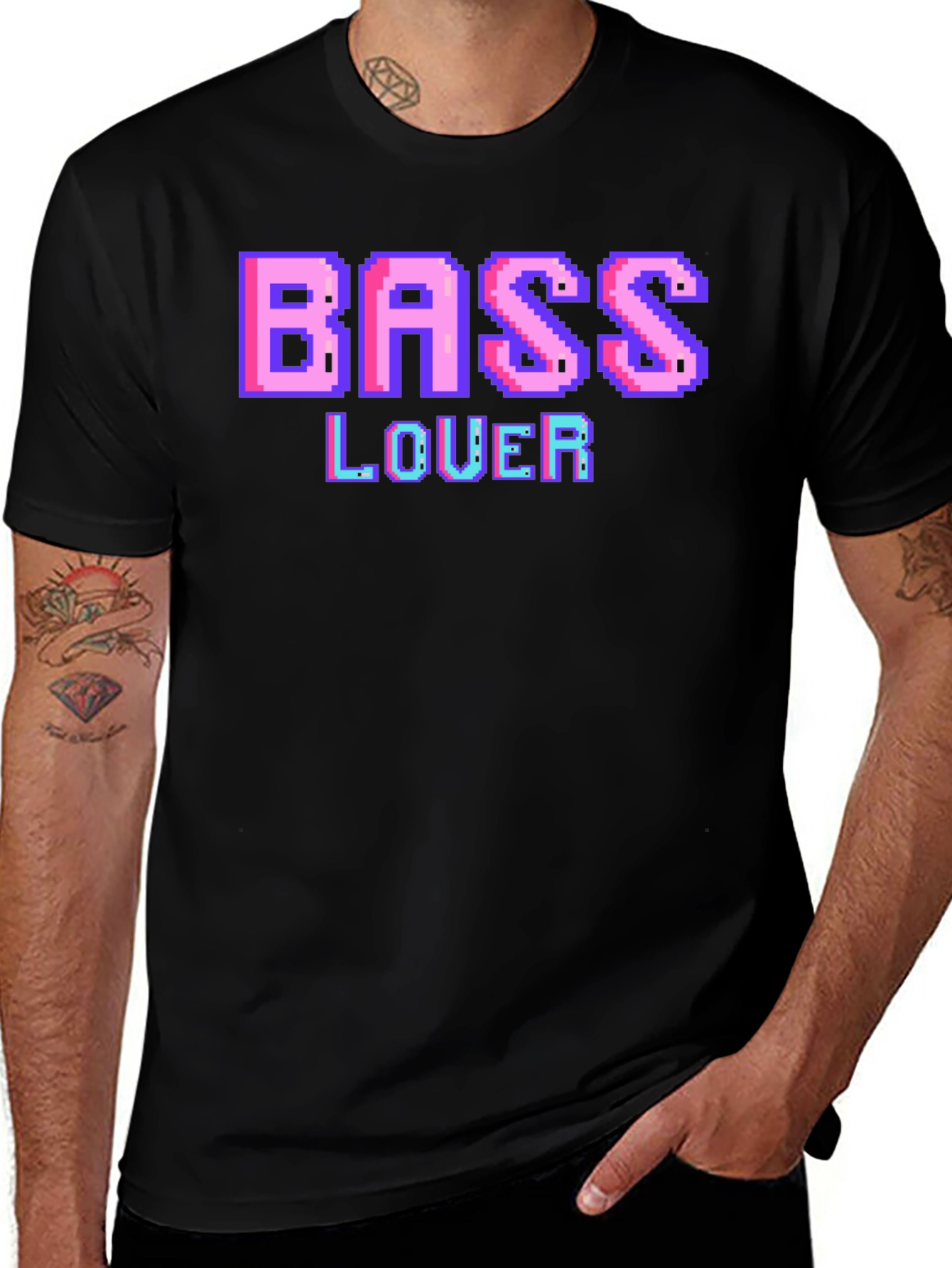 Retro Pixel Bass Lover Graphic Tee - Black