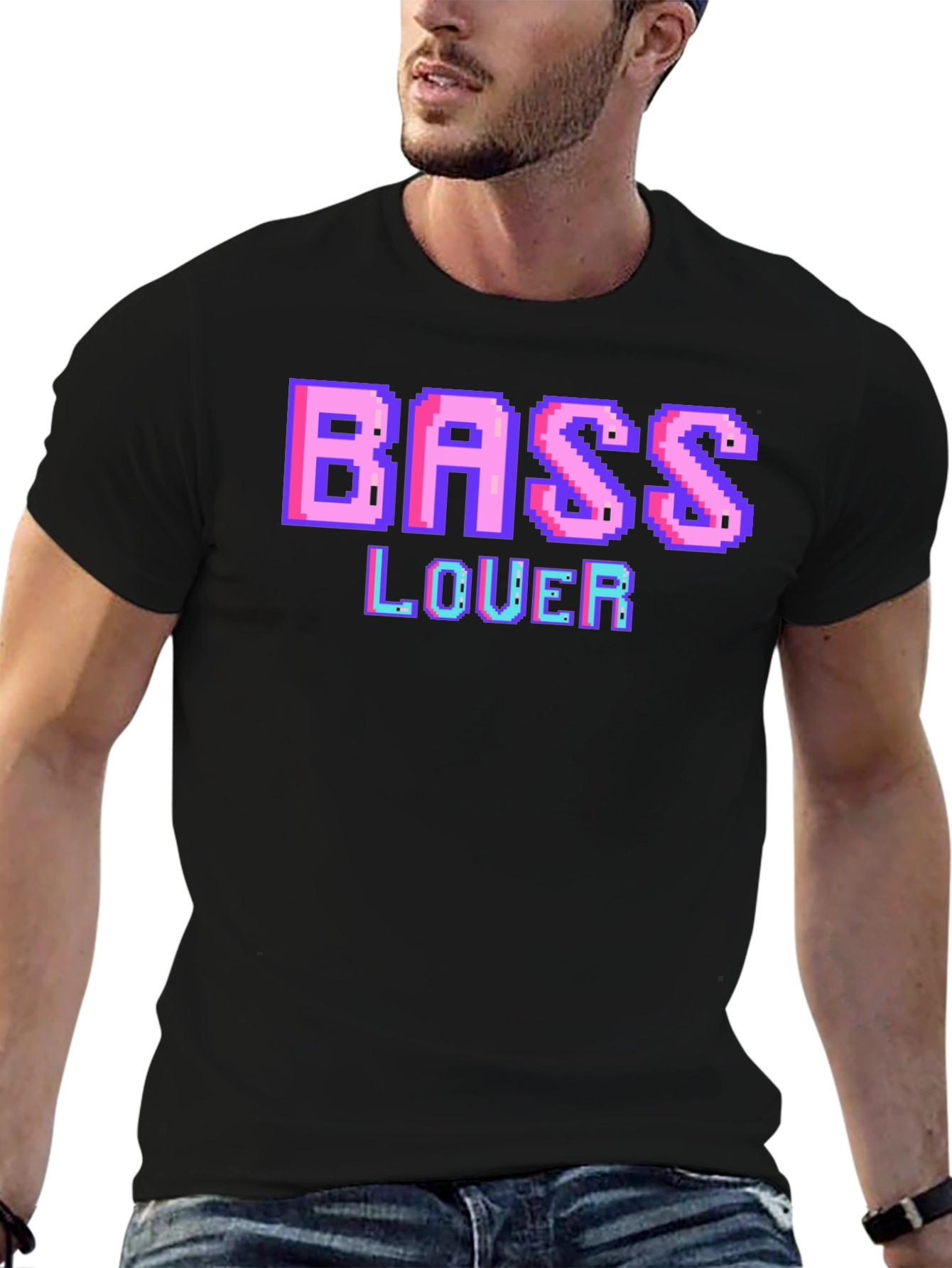 Retro Pixel Bass Lover Graphic Tee - Black