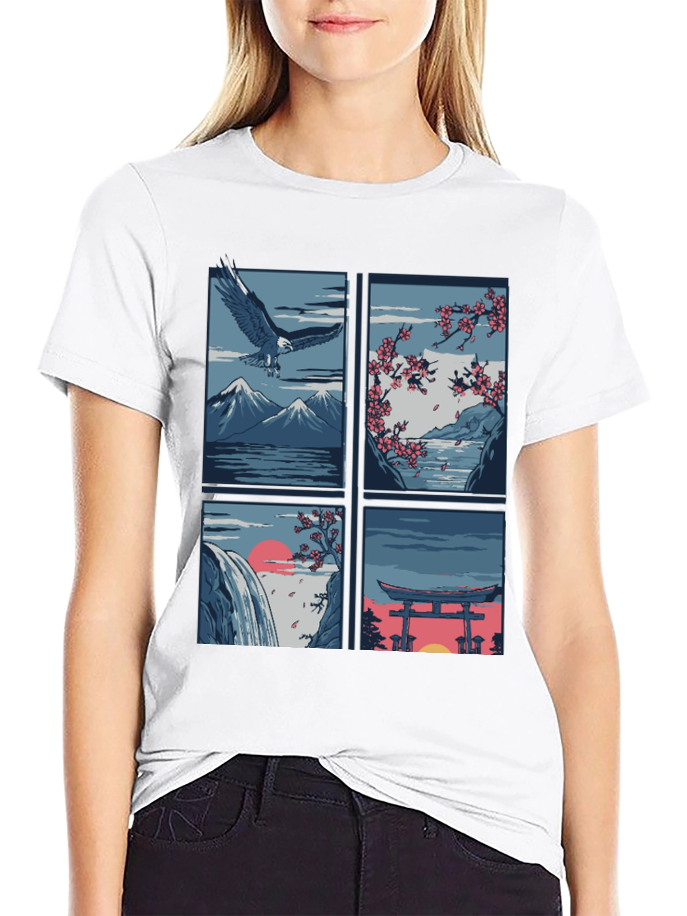 Japanese Theme T-Shirt - Nature and Eagle Design
