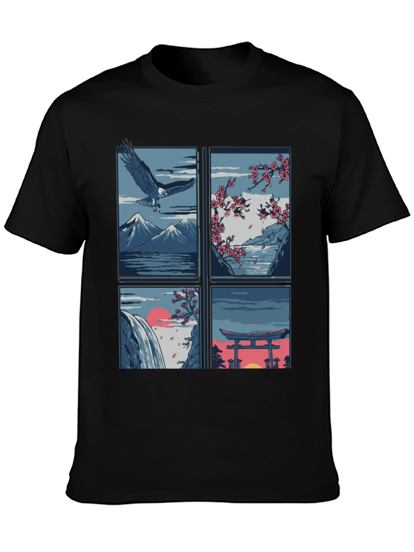 Japanese Theme T-Shirt - Nature and Eagle Design