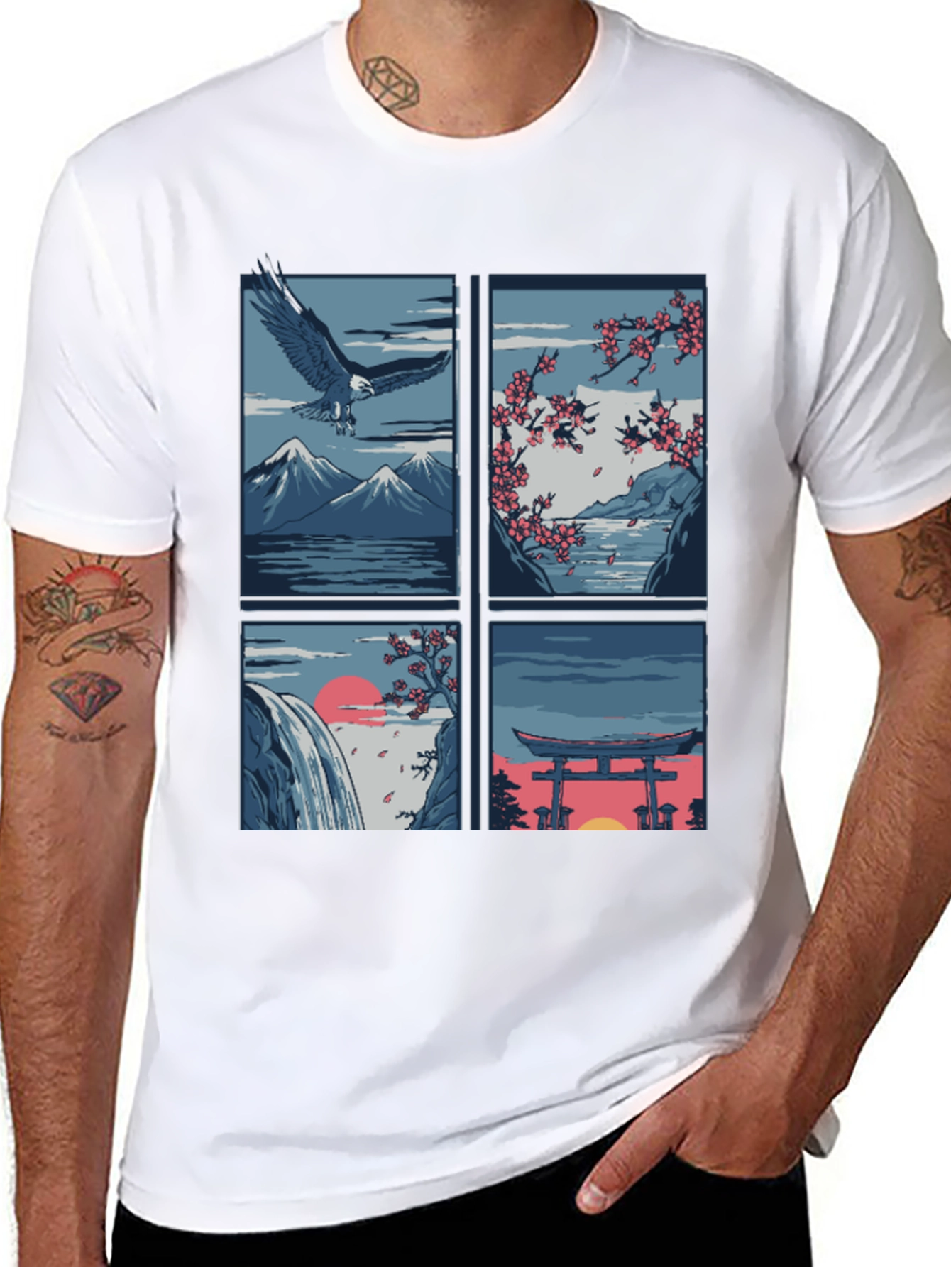 Japanese Theme T-Shirt - Nature and Eagle Design
