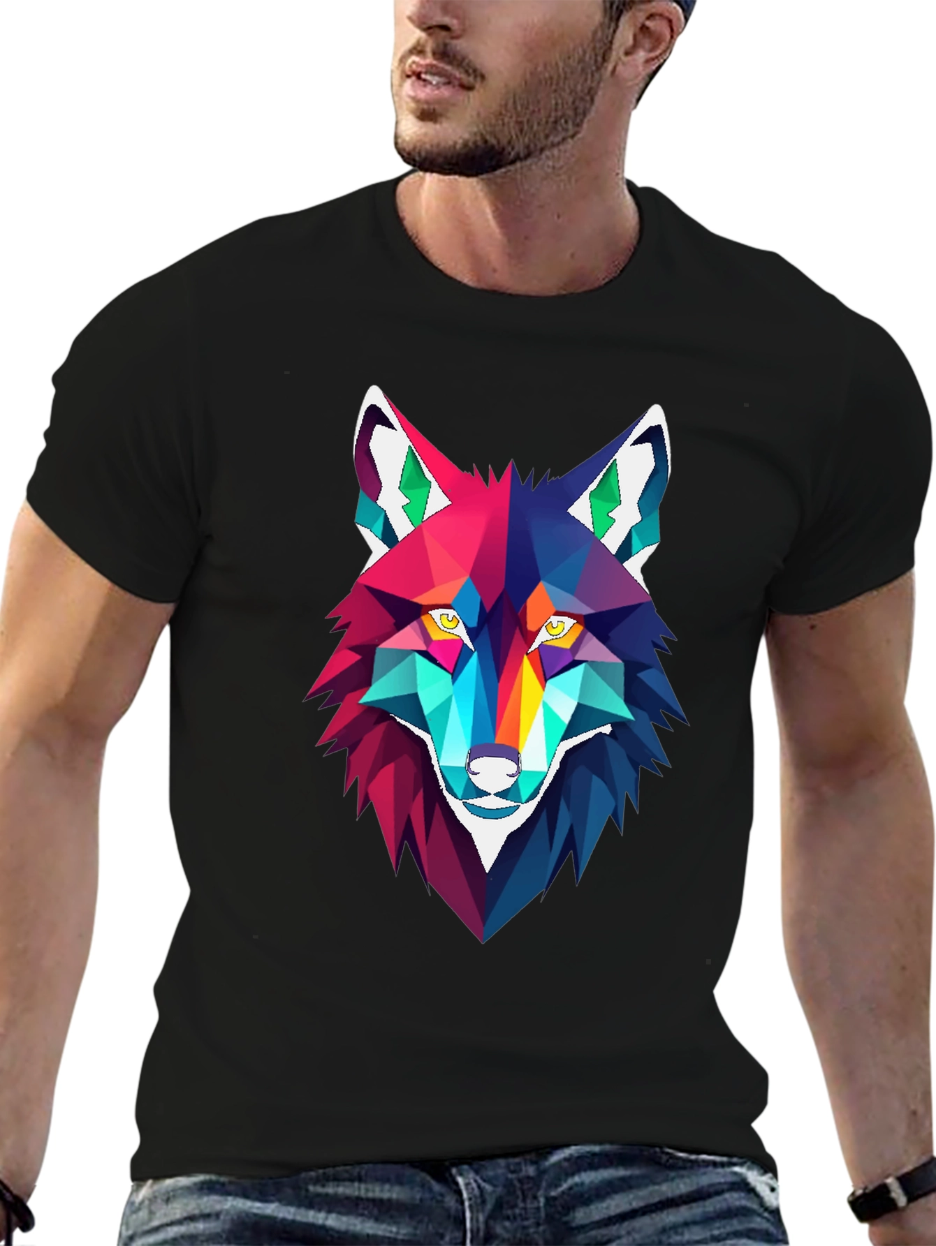 Geometric Wolf Graphic Tee - Stylish Mens Black T-Shirt
