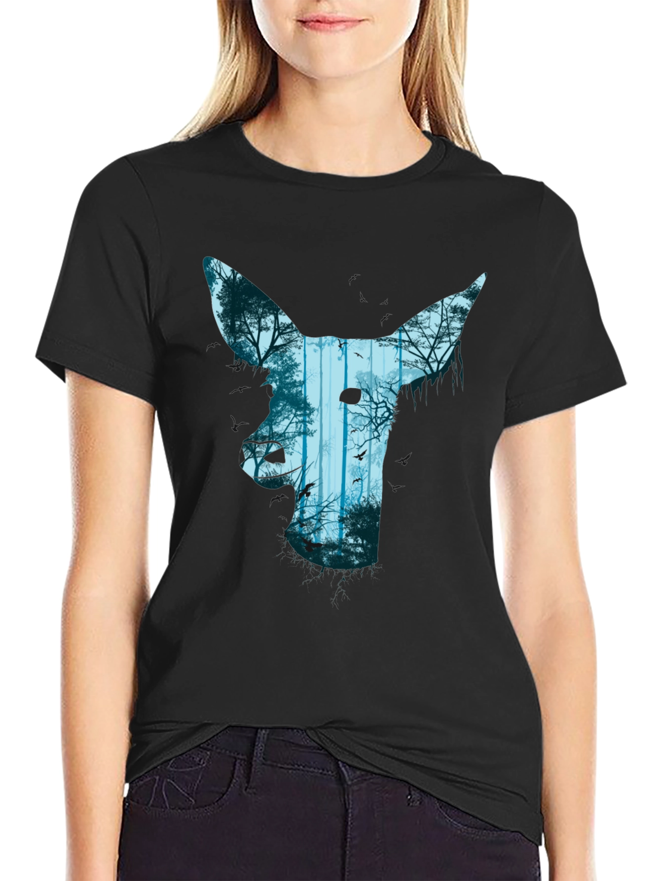 Nature Deer Graphic Black T-Shirt