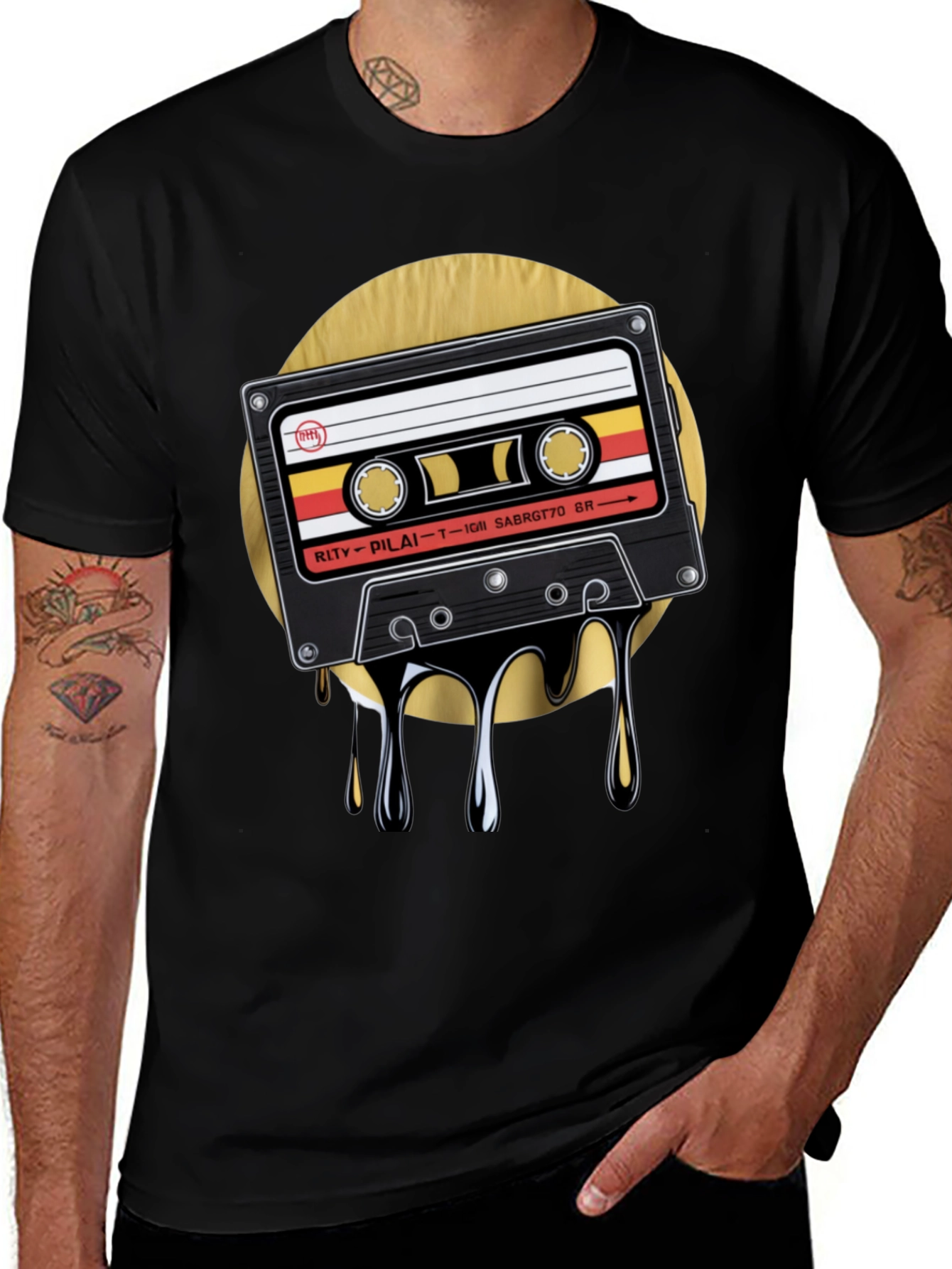 Retro Cassette Drip Graphic T-Shirt - Black