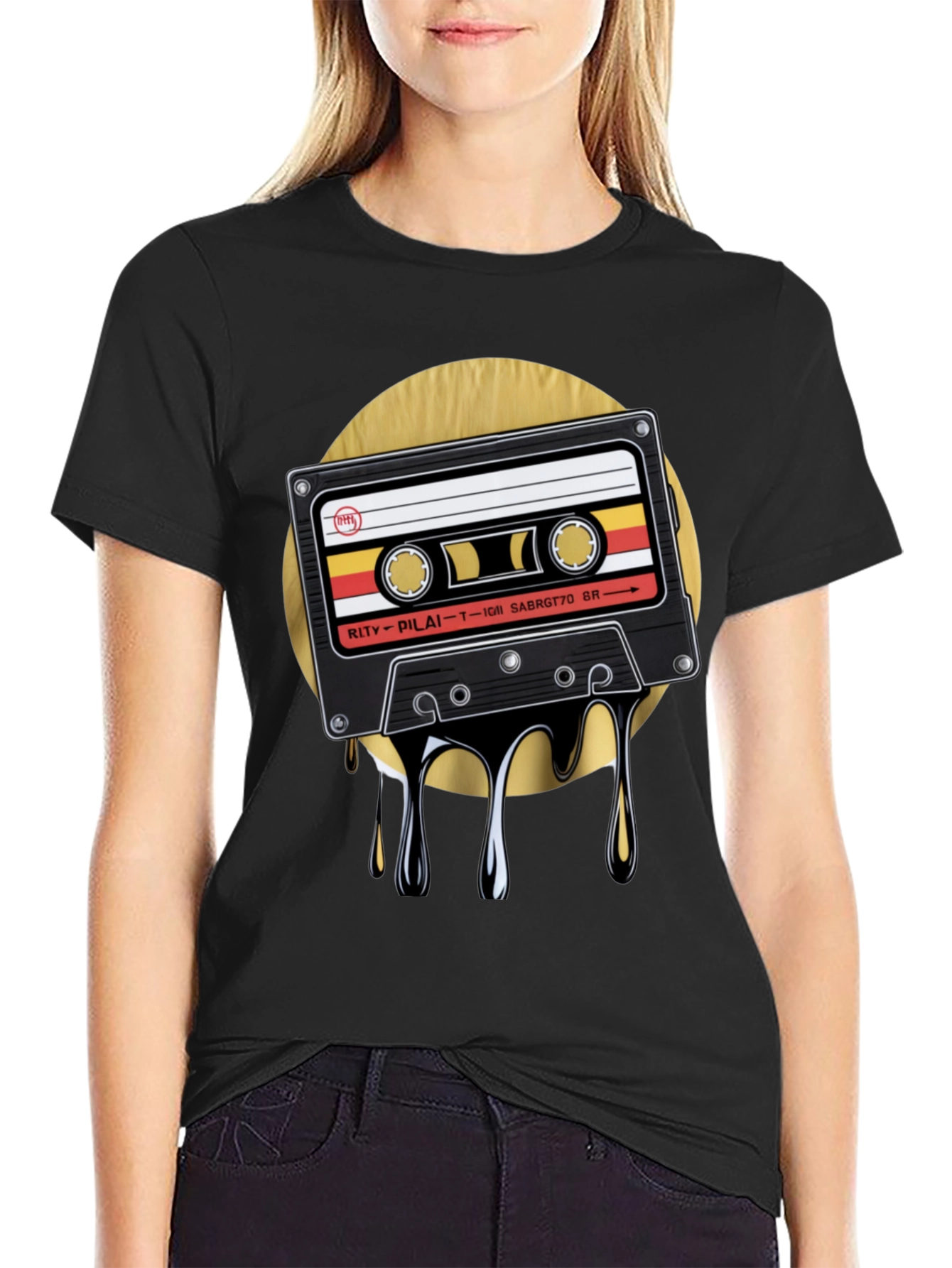 Retro Cassette Drip Graphic T-Shirt - Black