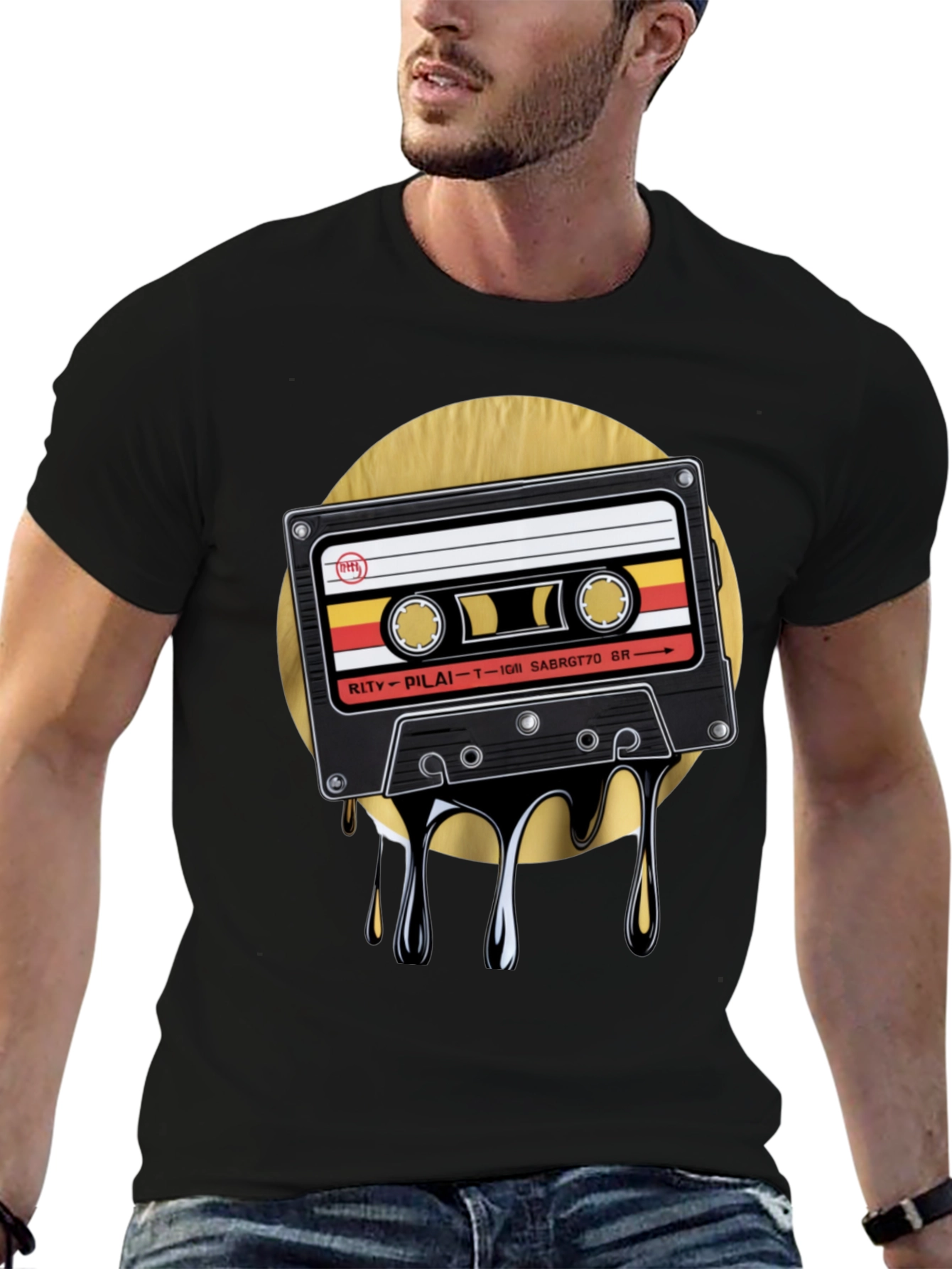 Retro Cassette Drip Graphic T-Shirt - Black
