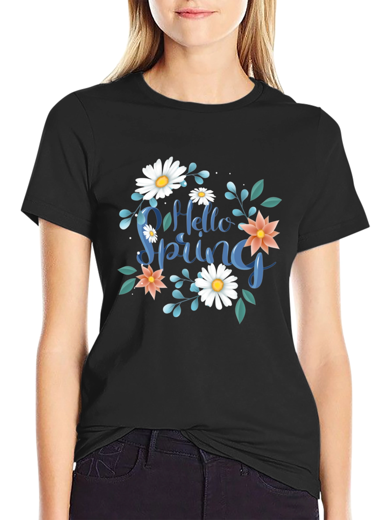 Hello Spring Graphic Tee - Black Casual T-Shirt