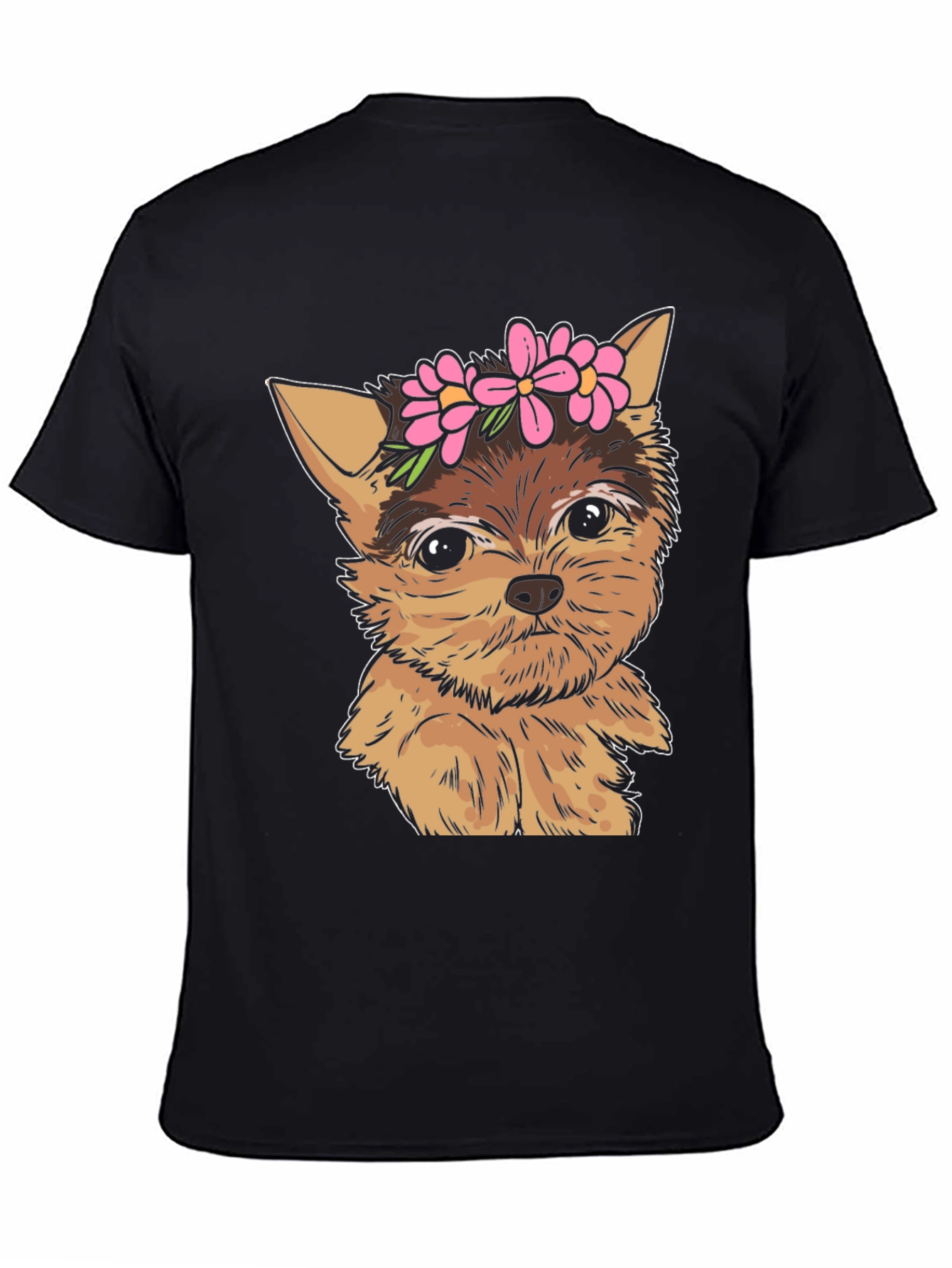 Dog with Flowers Black T-Shirt