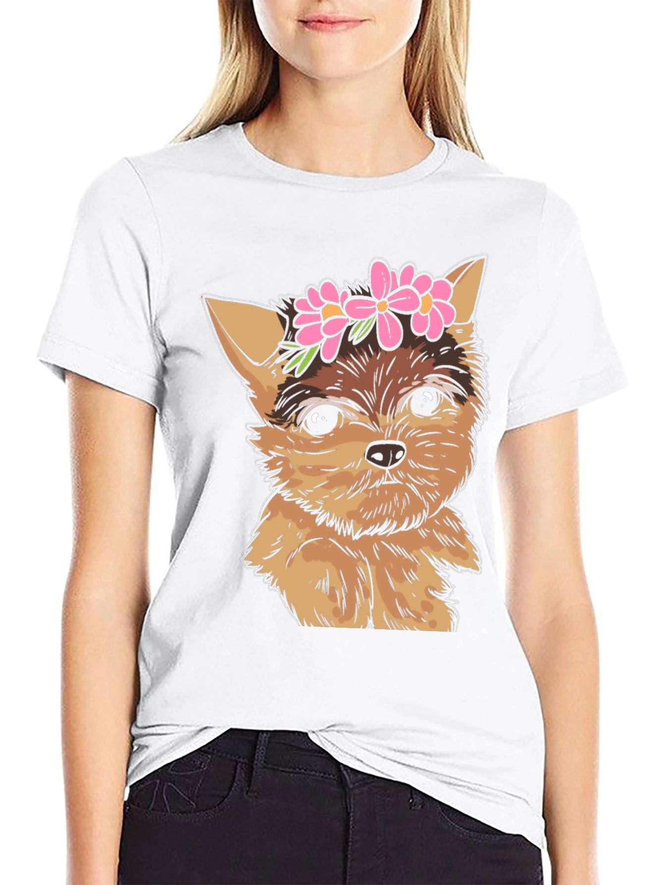Dog with Flowers Black T-Shirt