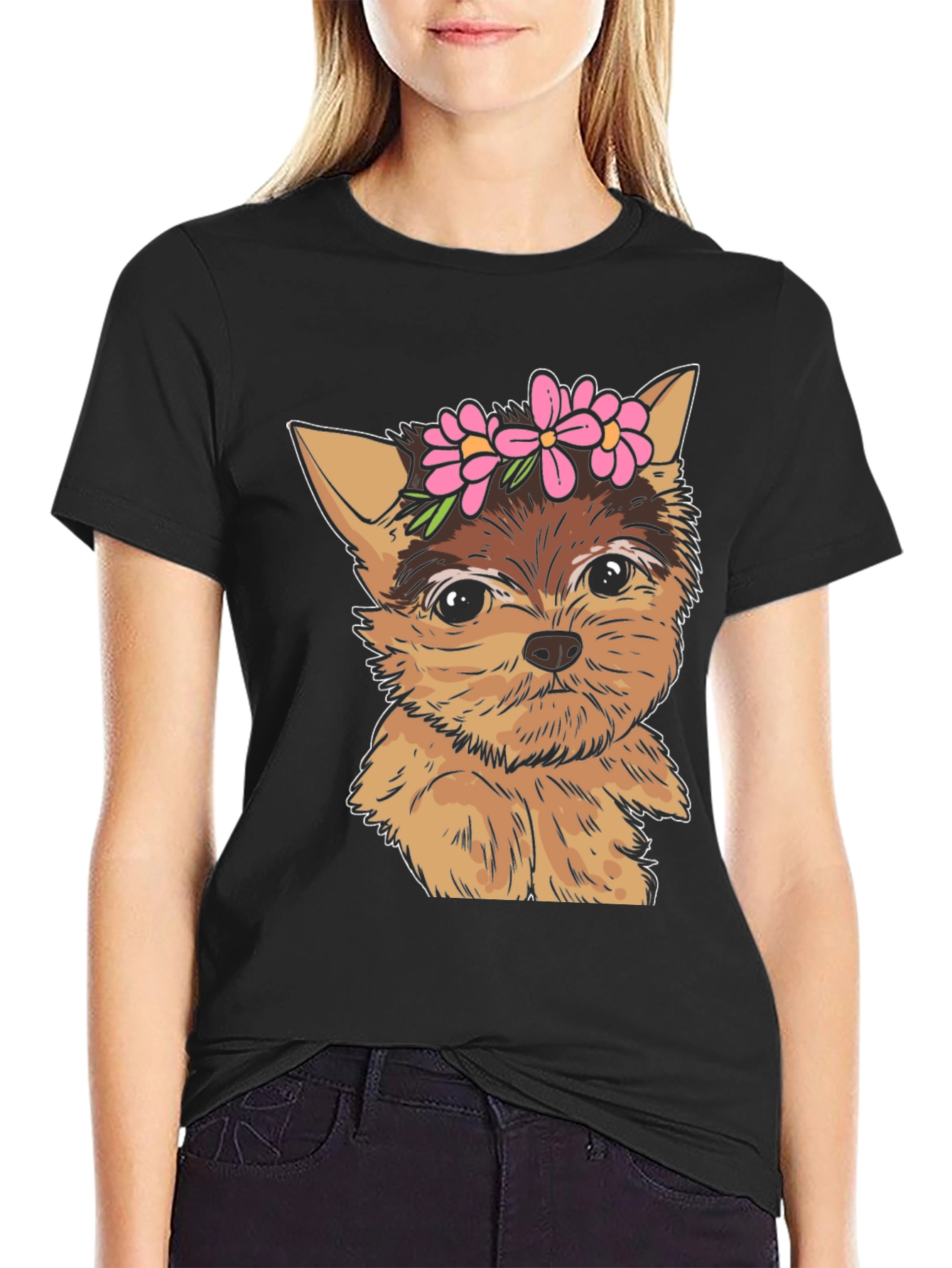 Dog with Flowers Black T-Shirt
