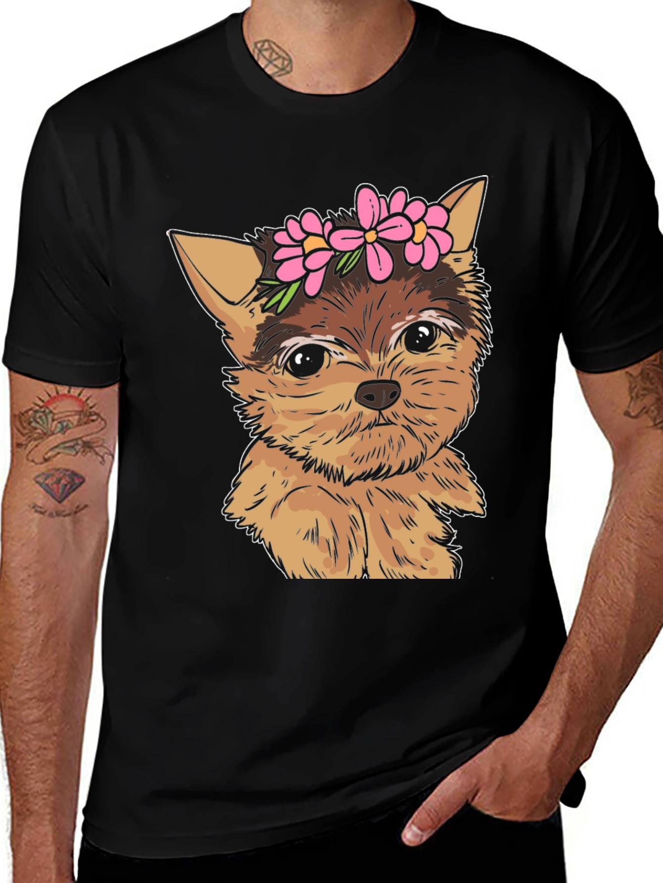 Dog with Flowers Black T-Shirt