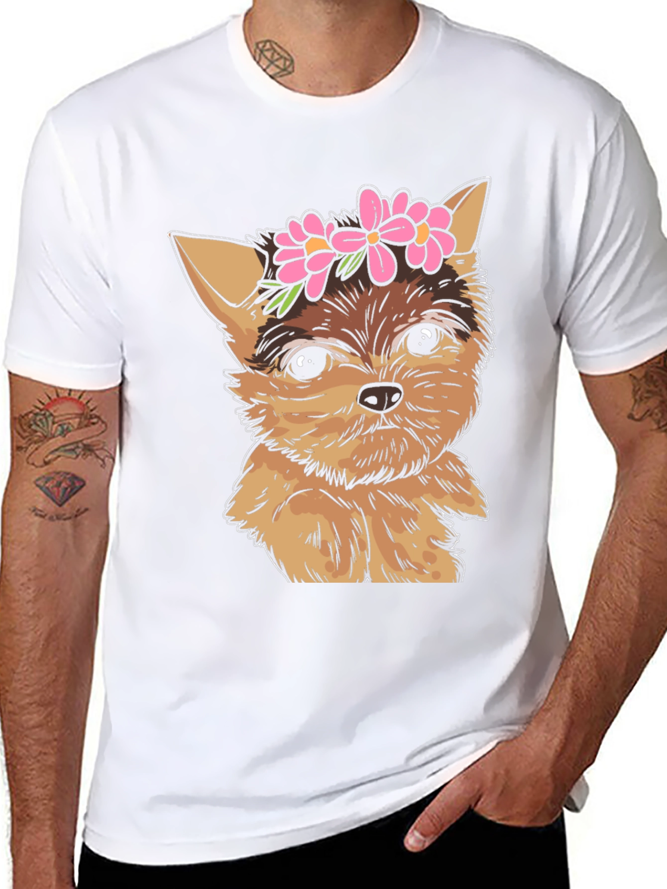 Dog with Flowers Black T-Shirt