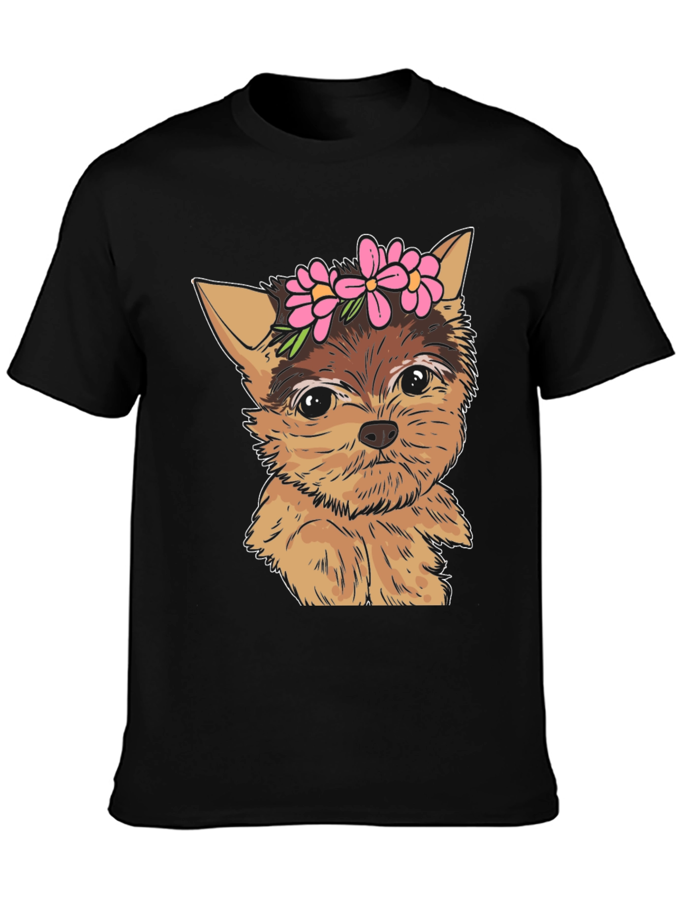 Dog with Flowers Black T-Shirt
