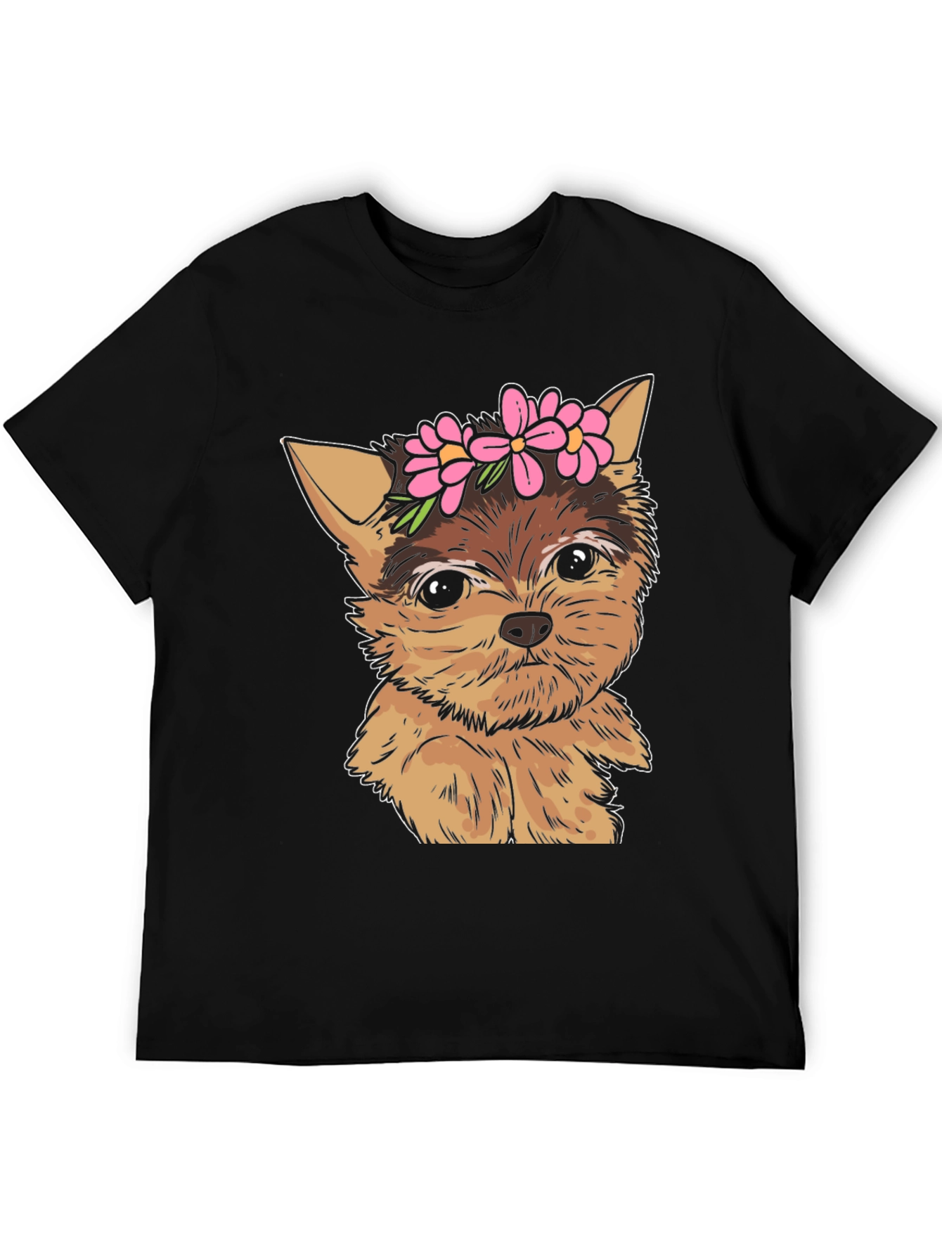 Dog with Flowers Black T-Shirt