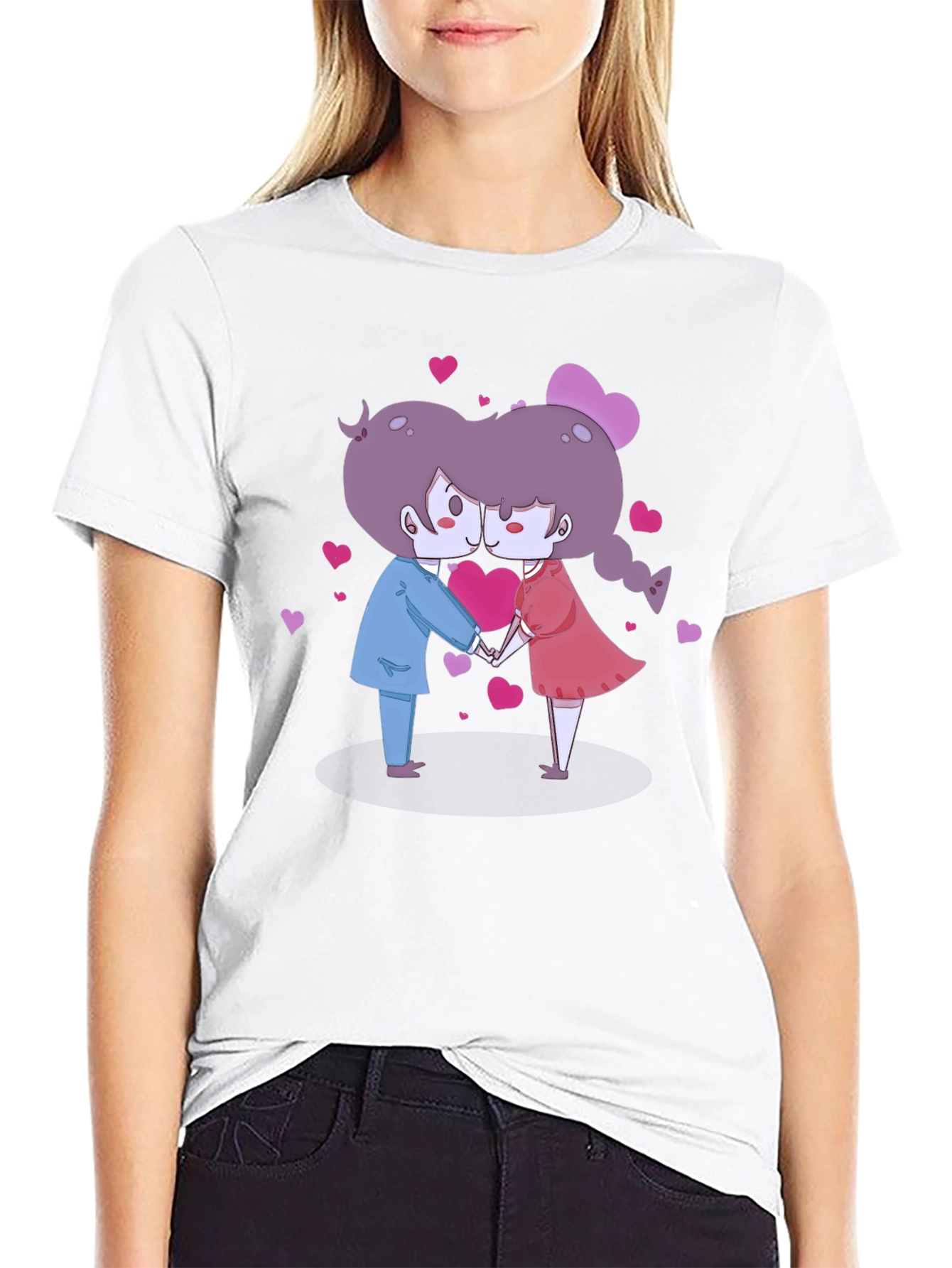 Cute Cartoon Couple Kissing Black T-Shirt