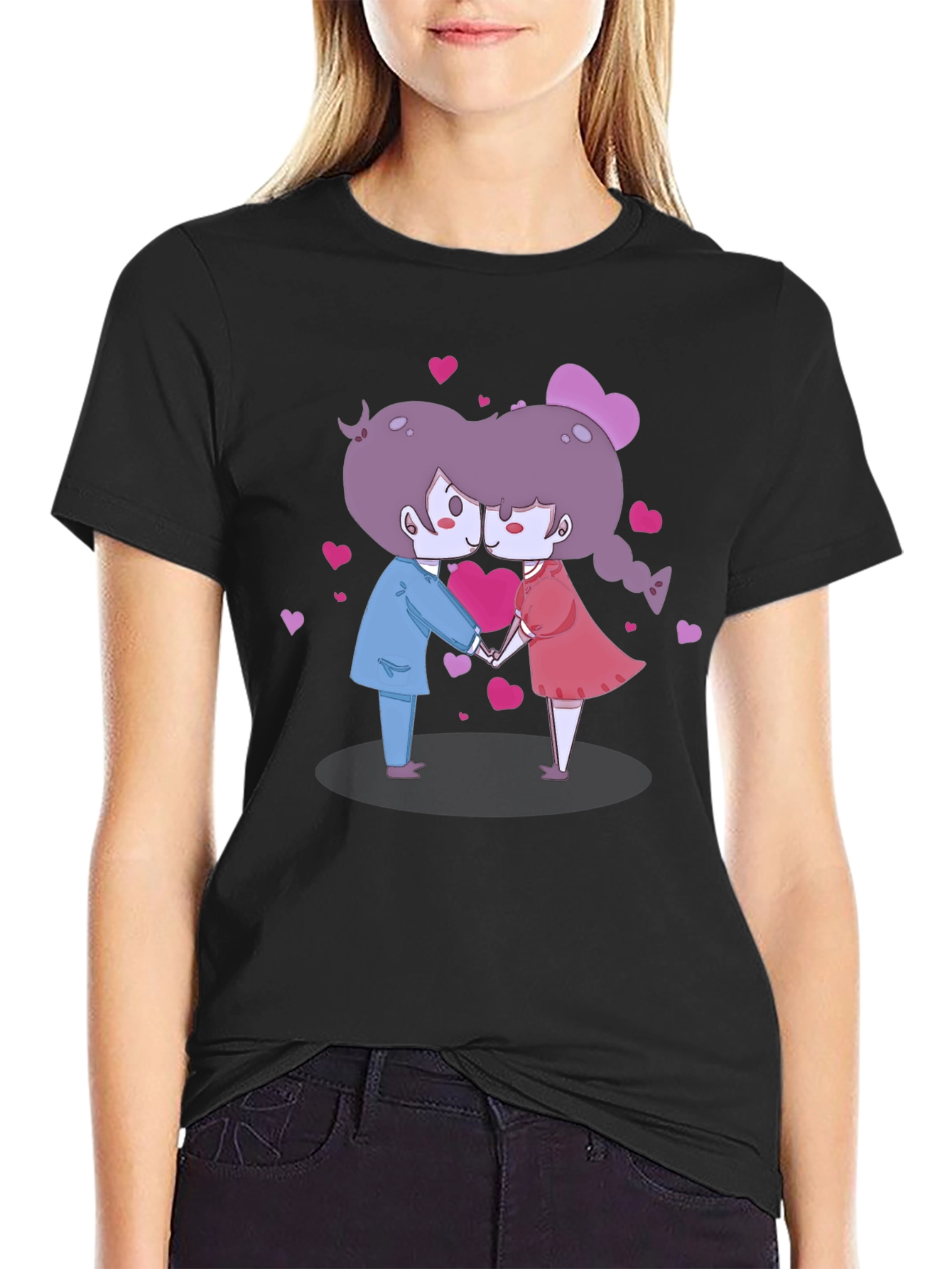 Cute Cartoon Couple Kissing Black T-Shirt