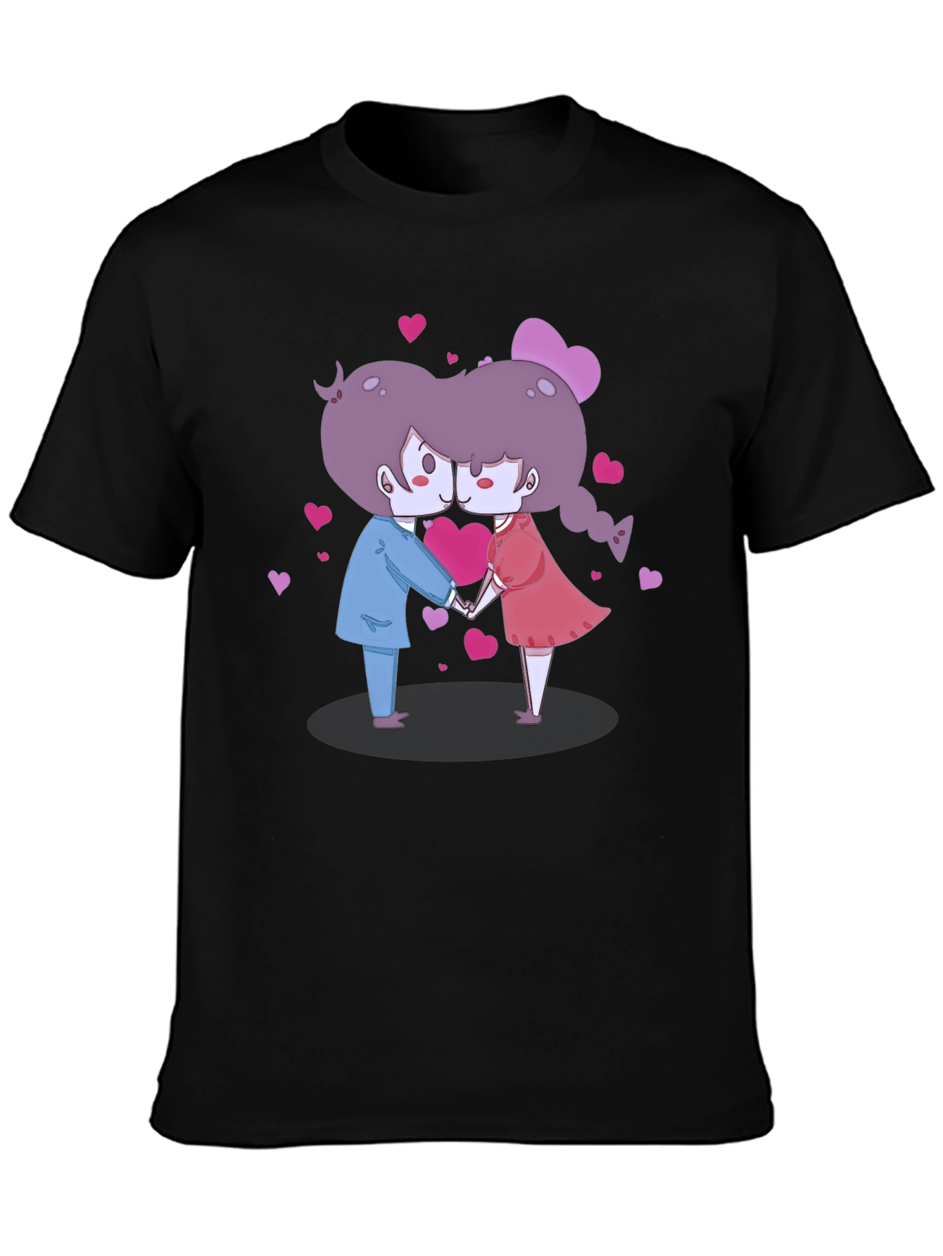 Cute Cartoon Couple Kissing Black T-Shirt