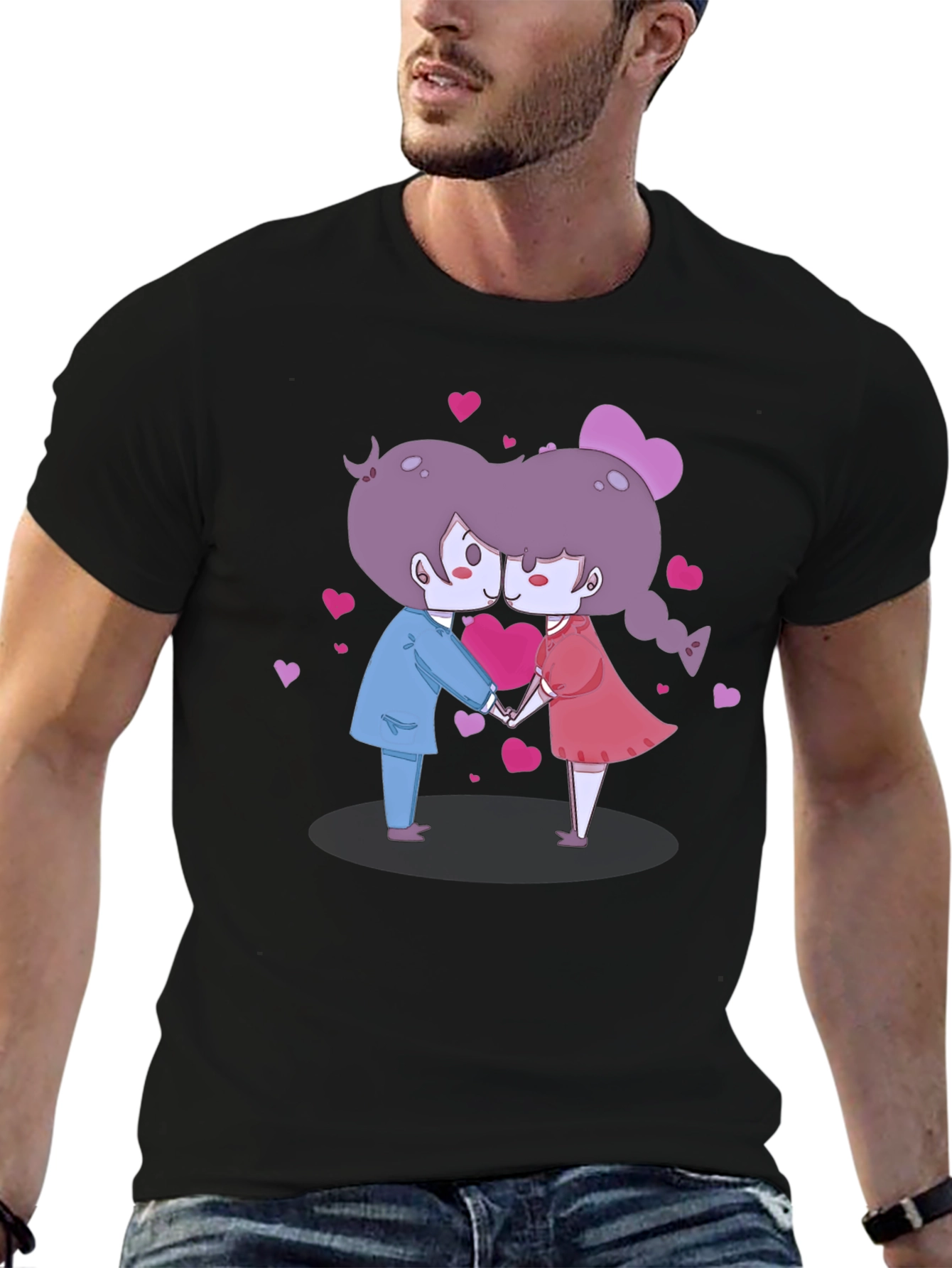 Cute Cartoon Couple Kissing Black T-Shirt