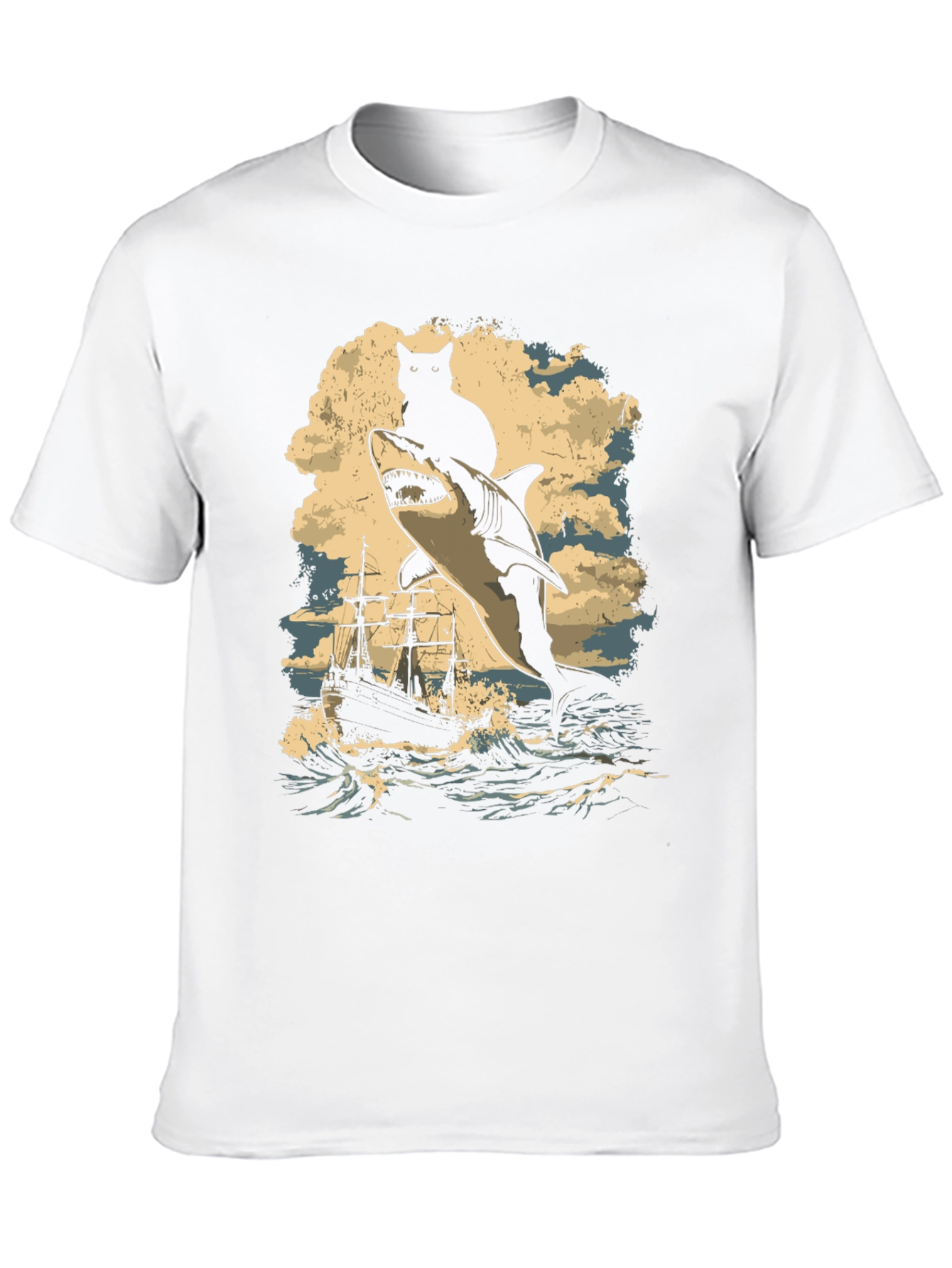 Cat Riding Shark T-Shirt - Nautical Adventure Tee