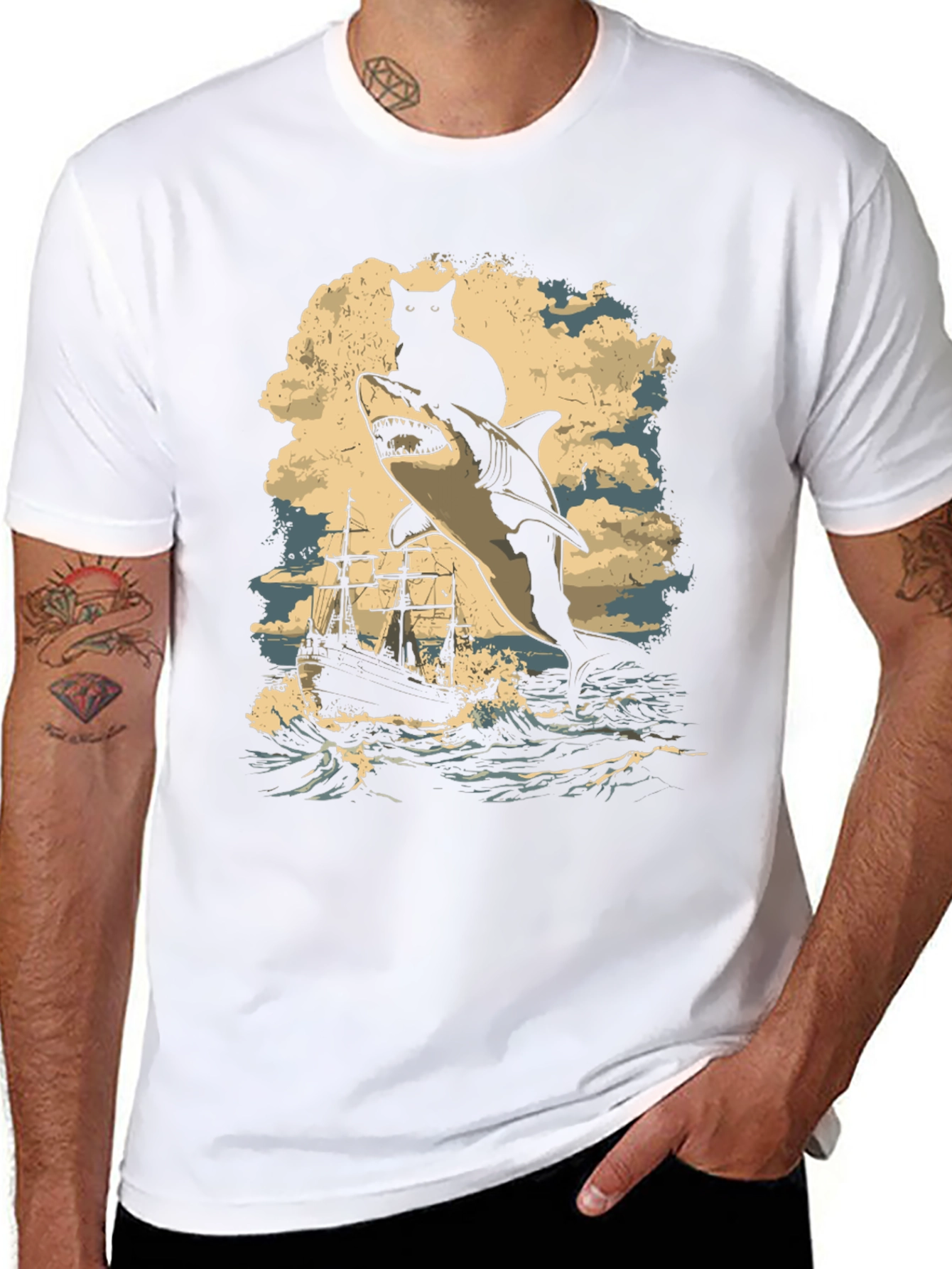 Cat Riding Shark T-Shirt - Nautical Adventure Tee