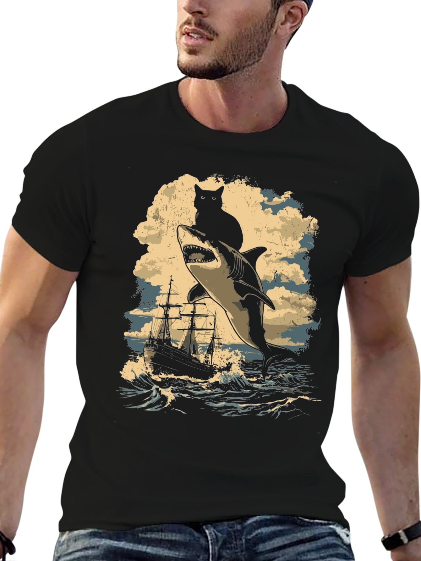 Cat Riding Shark T-Shirt - Nautical Adventure Tee