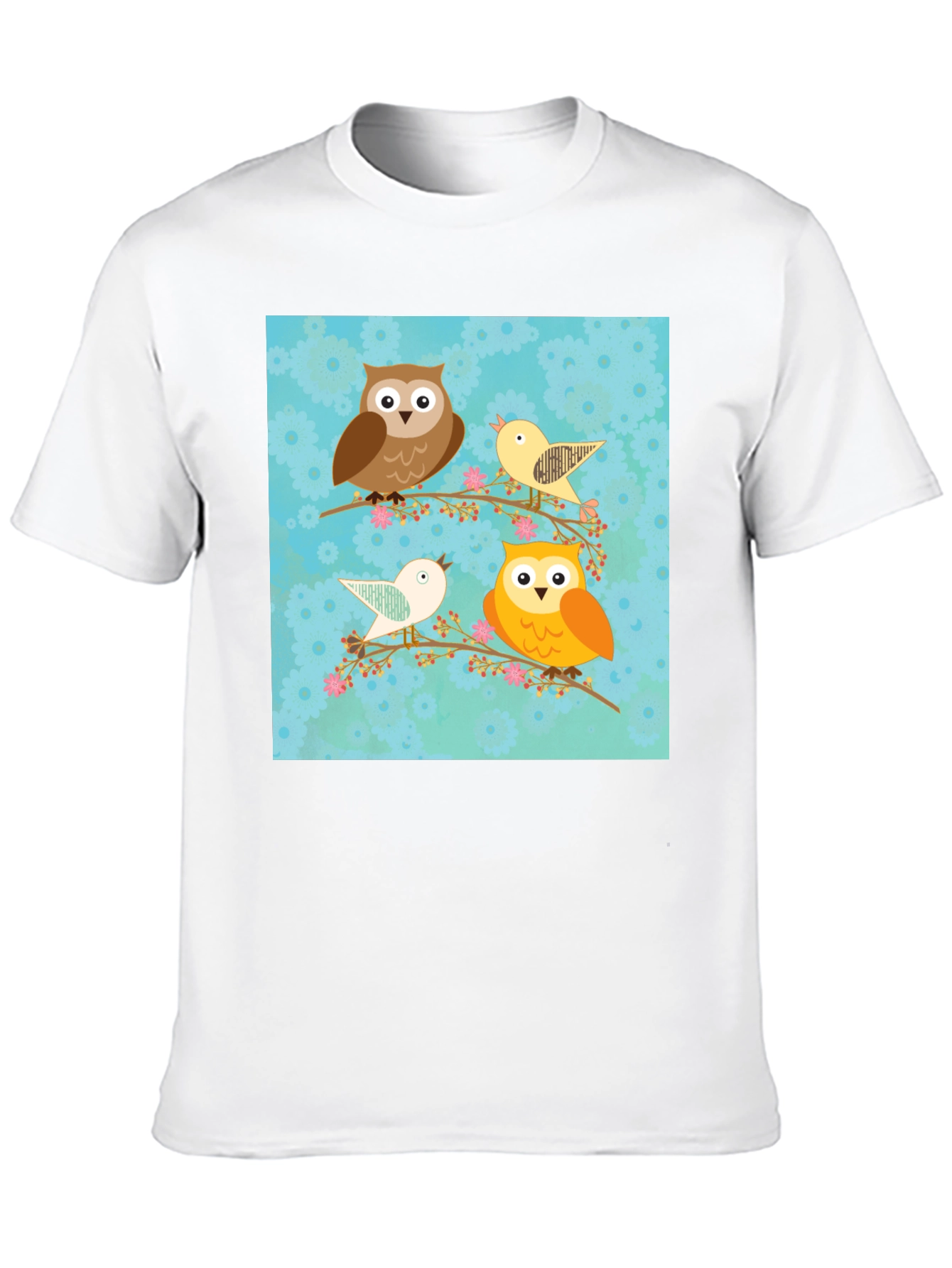 Cute Owl & Bird Graphic Print Black T-Shirt