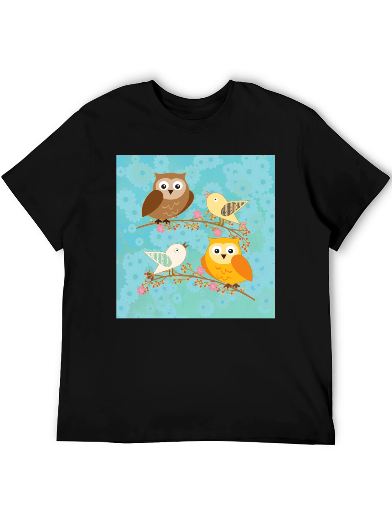 Cute Owl & Bird Graphic Print Black T-Shirt