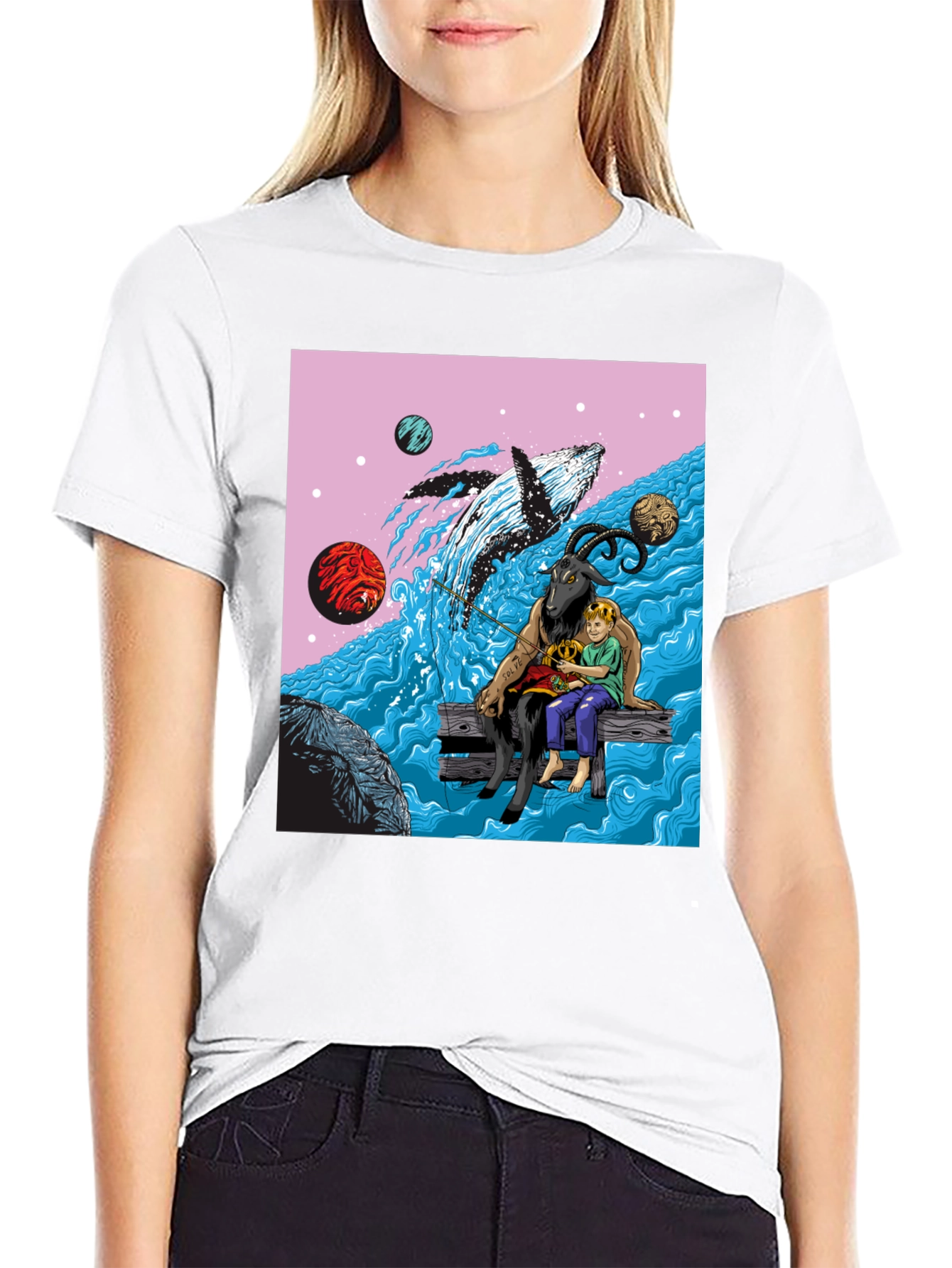 Whimsical Goat Boy and Whale Graphic Tee