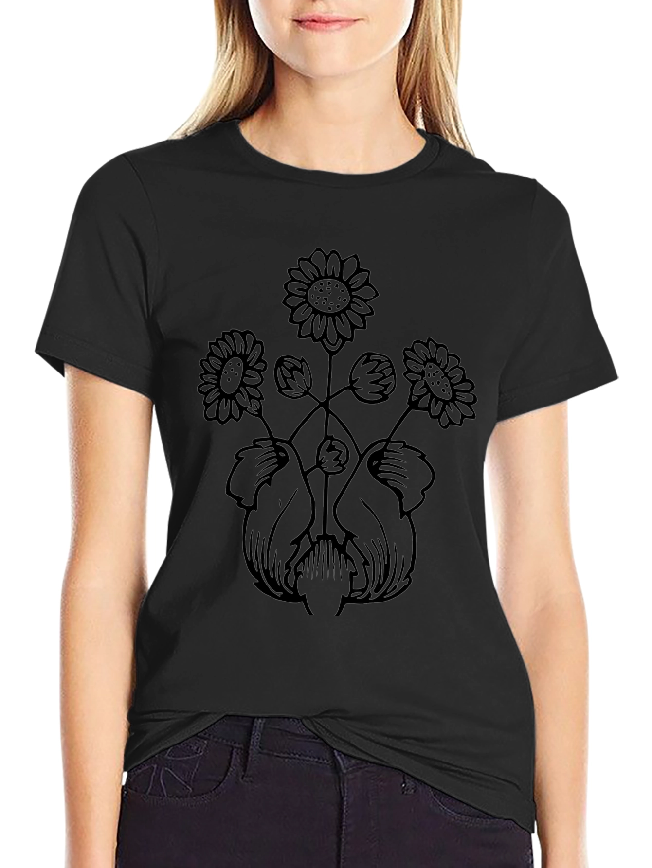 Floral Art Black T-Shirt - Unique Botanical Design