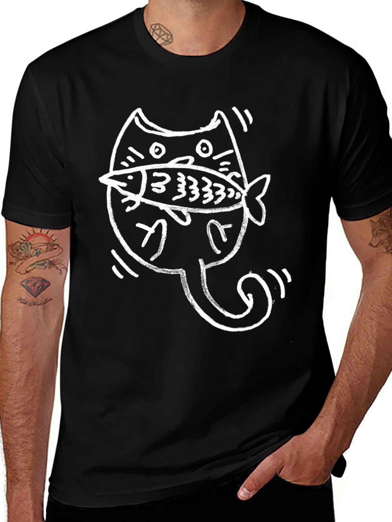 Cat with Fish Graphic T-Shirt - Black