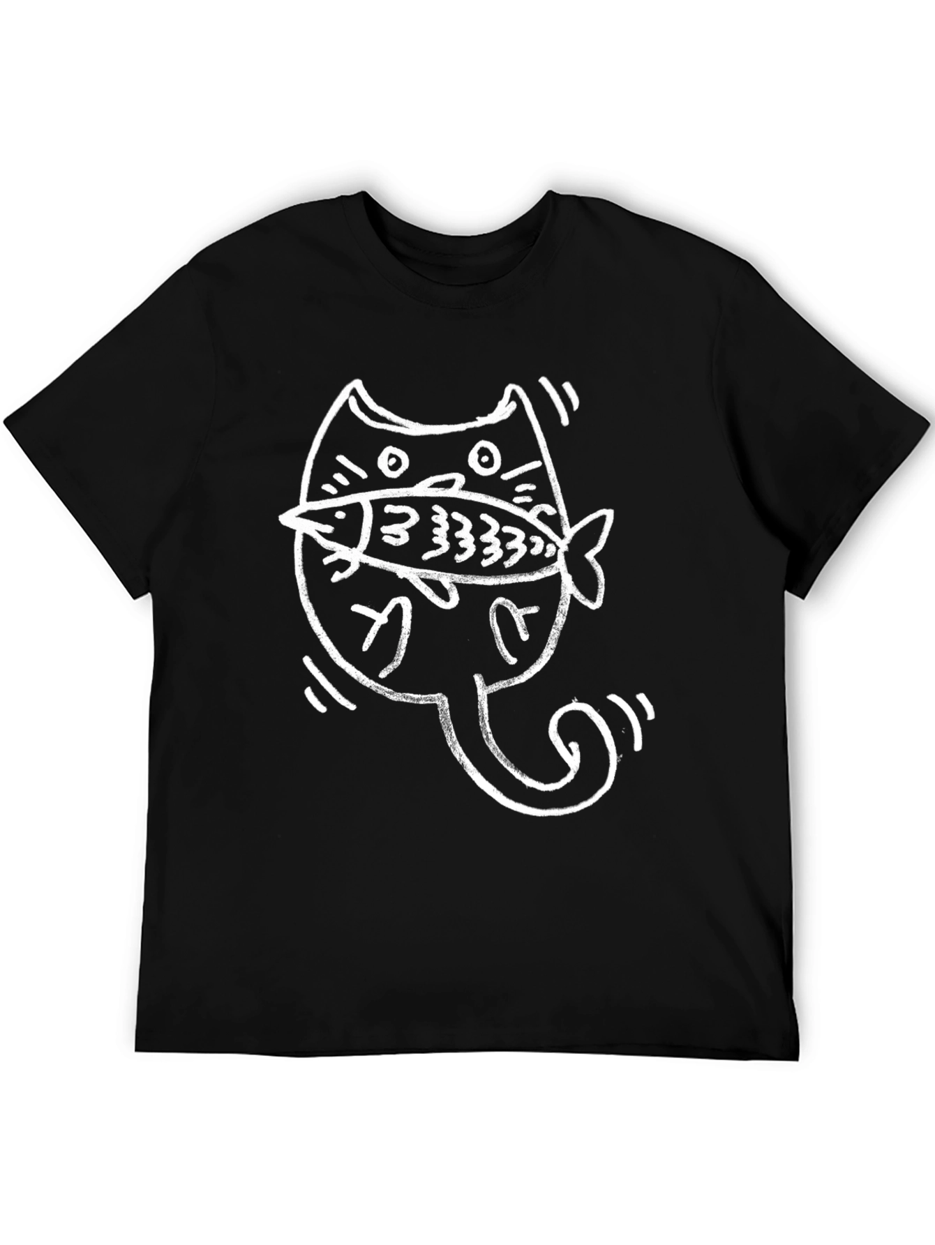 Cat with Fish Graphic T-Shirt - Black